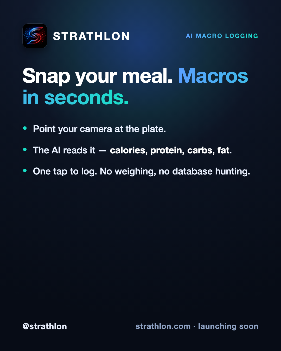 Strathlon feature card showing photo-based AI macro logging of a meal