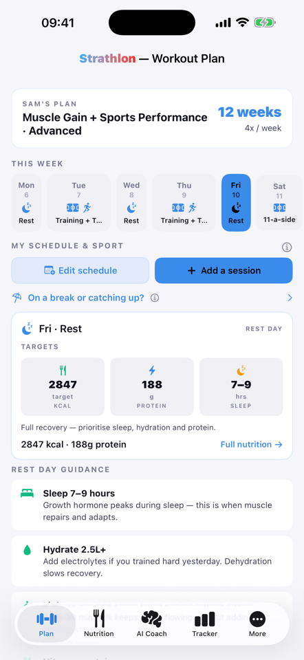 Strathlon Plan tab showing today's training and a day-aware plan