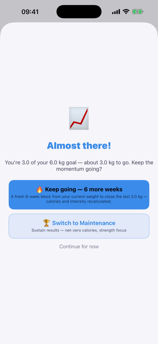 Strathlon goal-reached screen offering maintenance, a new goal or keep going