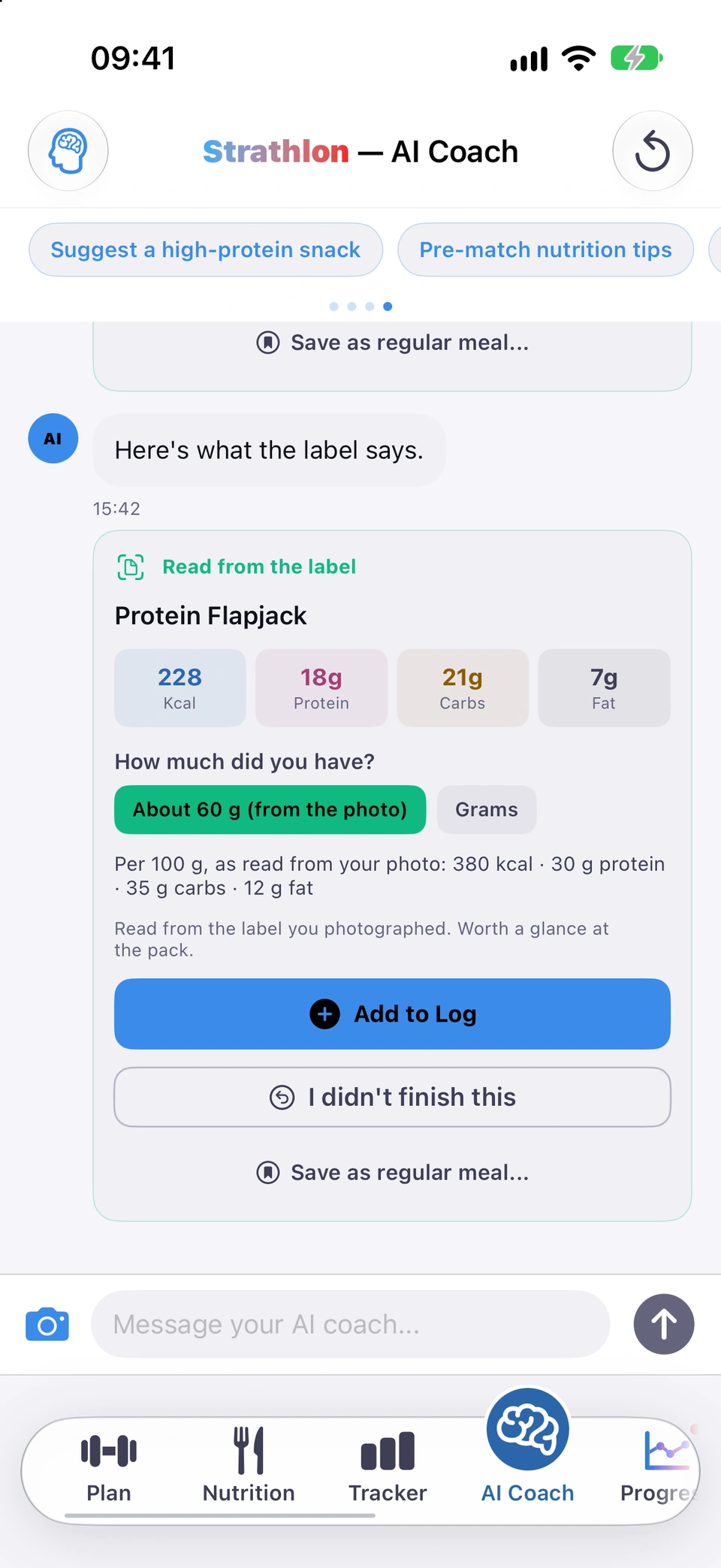 A food card reading Read from the label: the pack's calories and macros, and quantity chips asking how much you had, above Add to Log.