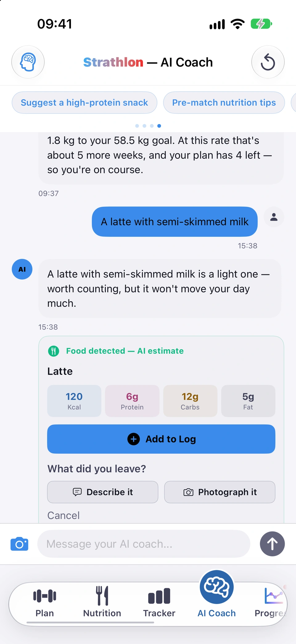 A food card asking 'What did you leave?' with Describe it and Photograph it buttons
