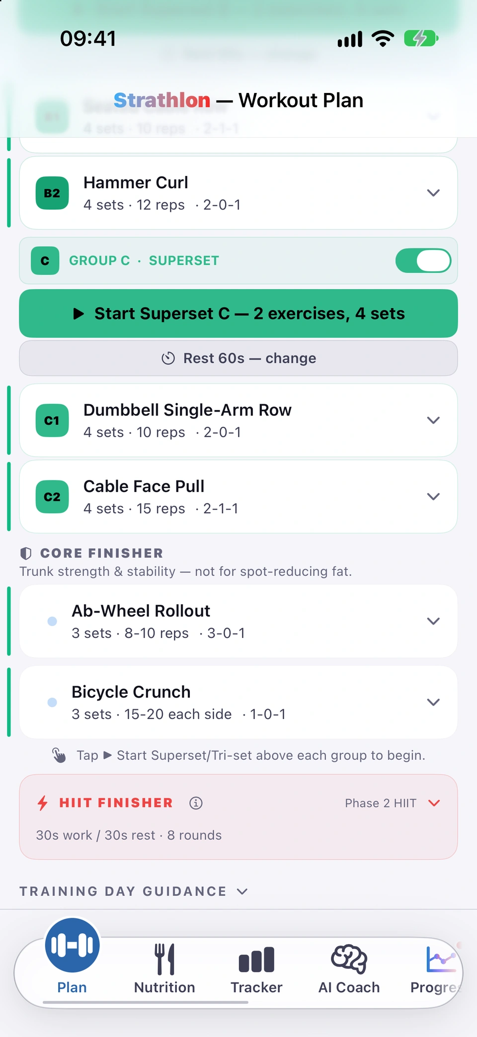 A gym day with TODAY'S WORKOUT open and, below the core finisher, the HIIT FINISHER section folded to its header.