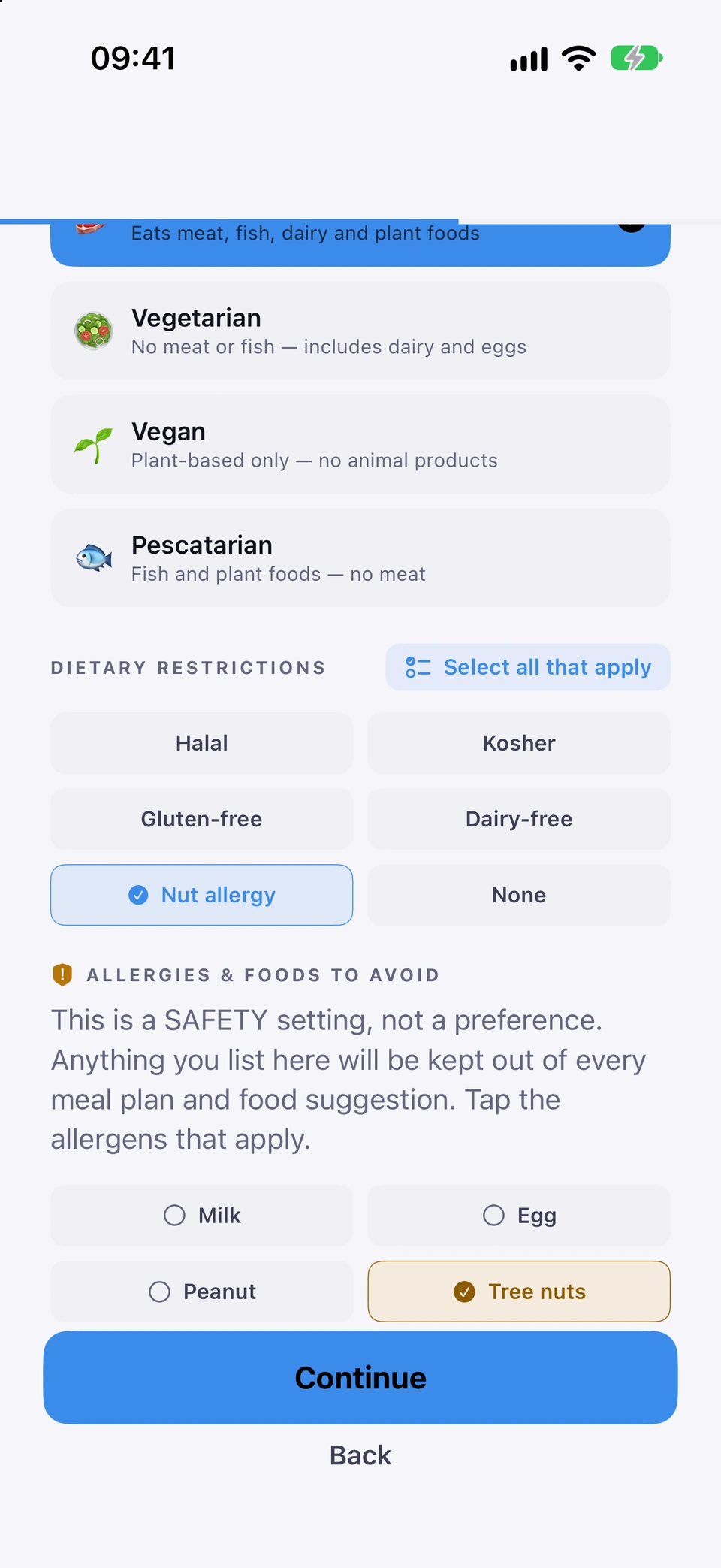 The Food Preferences step: dietary types, the dietary restrictions with Nut allergy ticked, and the allergies and foods to avoid with Tree nuts selected.