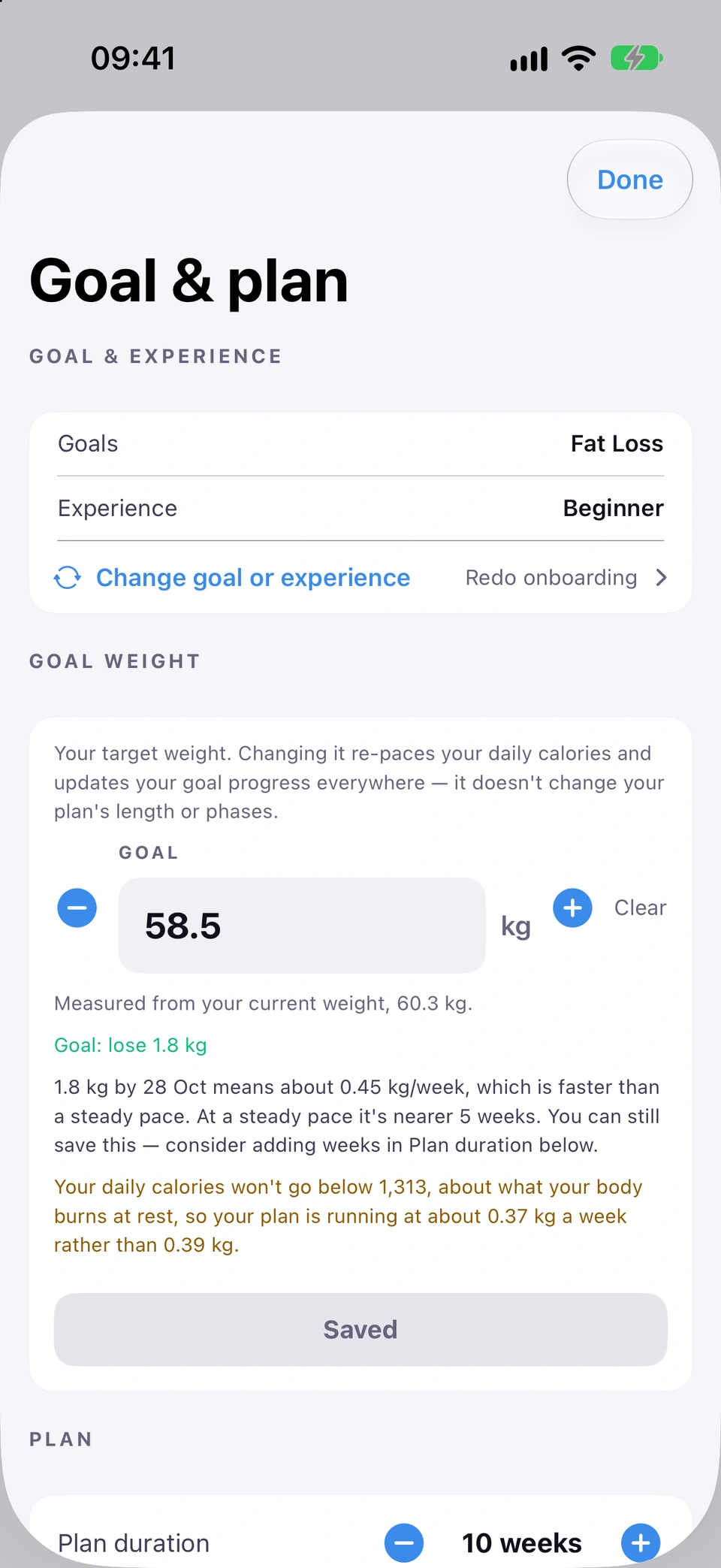 The Goal & plan sheet: Goals, Experience, Change goal or experience, and the Goal weight section.