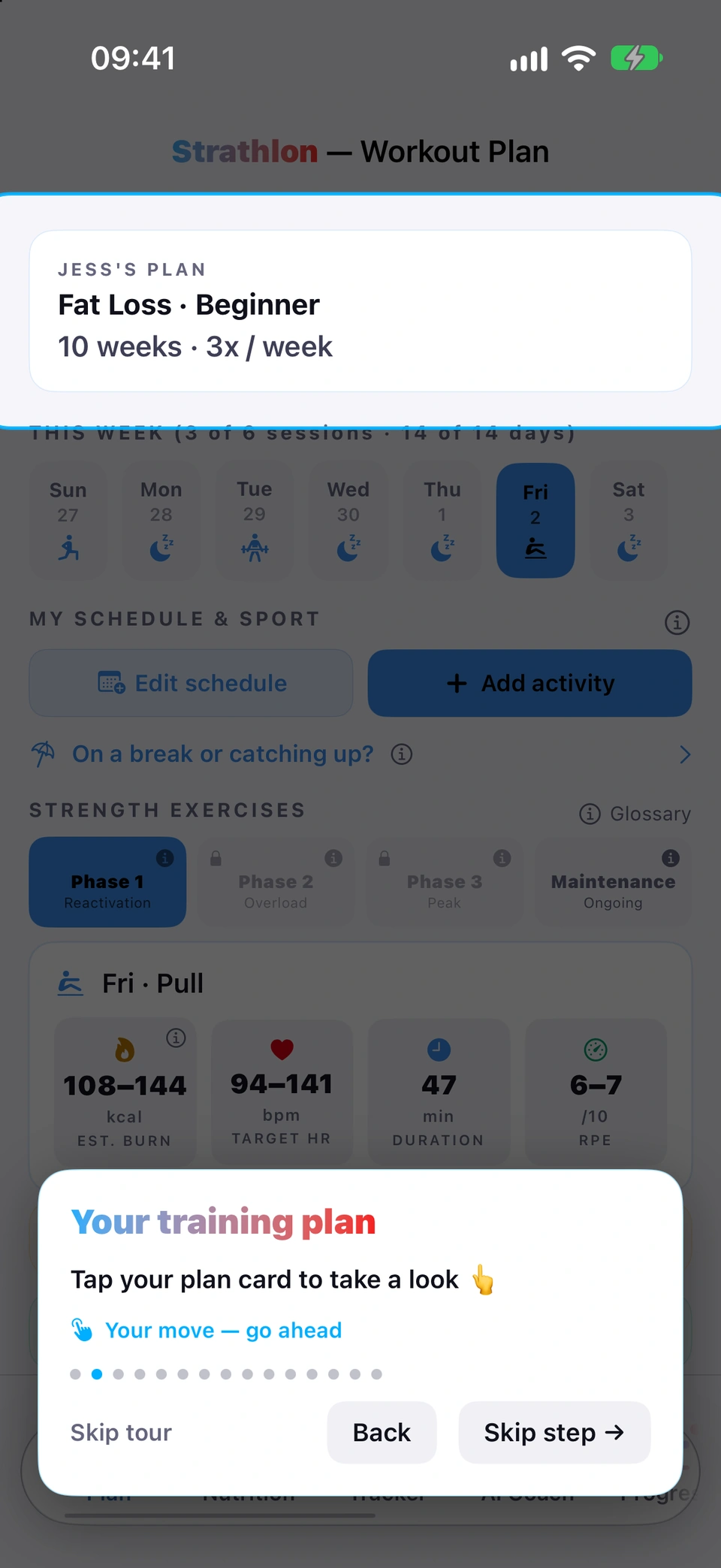 The guided tour spotlighting the plan summary card on the Plan tab, with the tooltip card and Skip tour control.