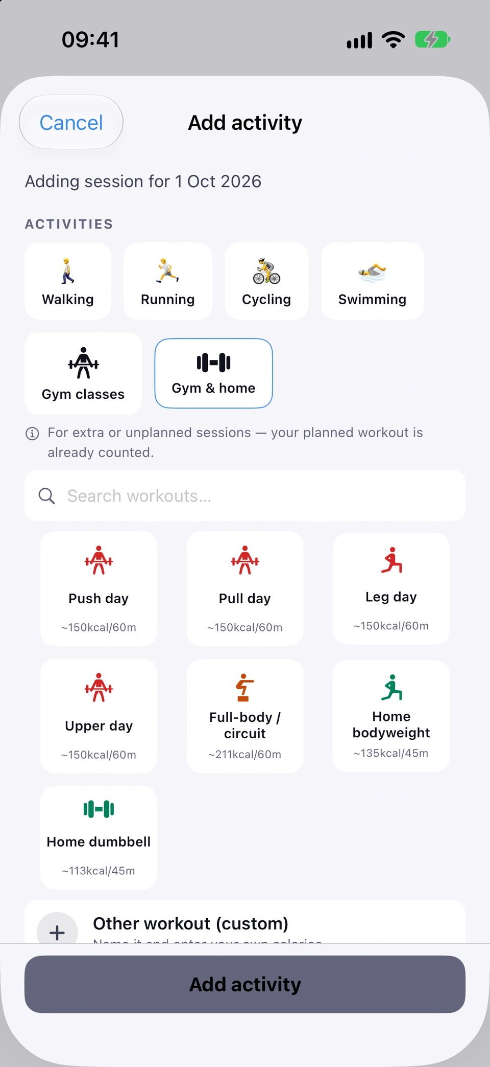 The Gym & home picker: Push/Pull/Legs/Upper/full-body/home-bodyweight/home-dumbbell tiles and a search field.