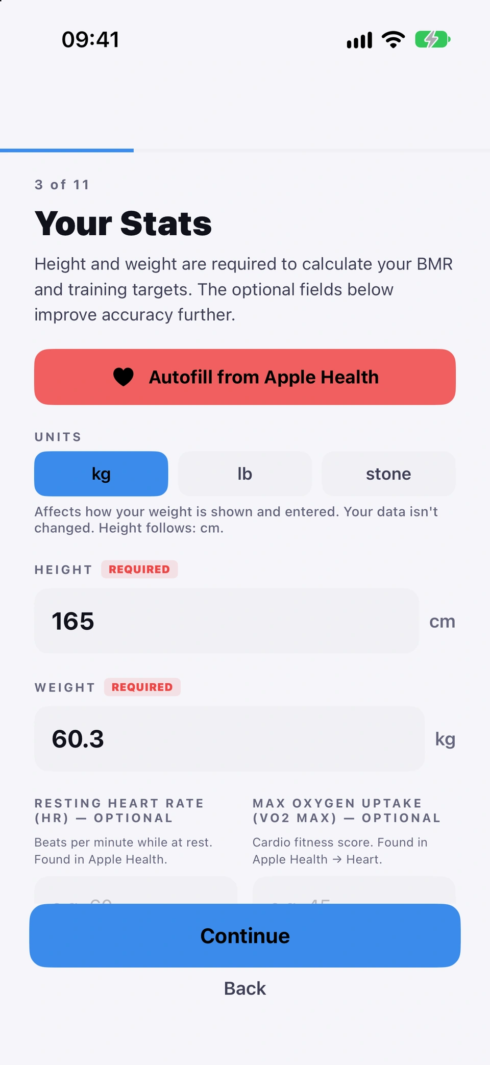 An onboarding screen with an Autofill from Apple Health button above fields for height and weight