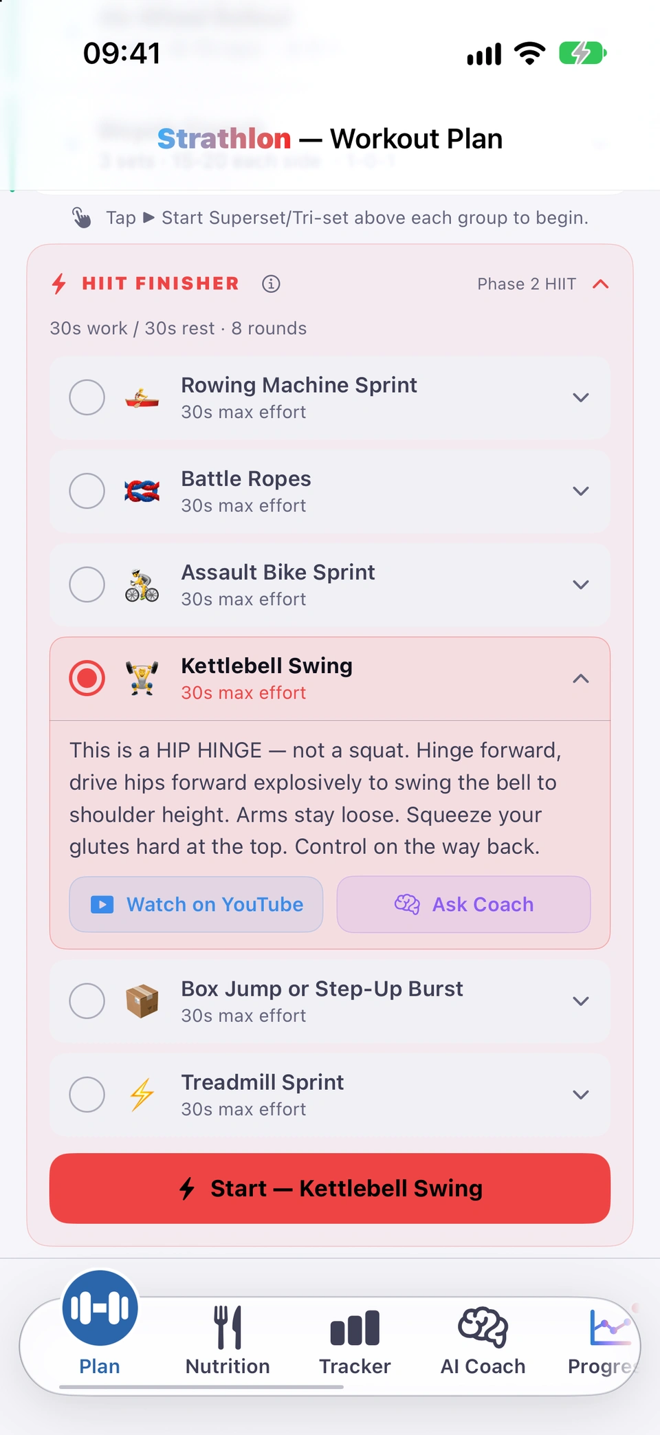 The HIIT FINISHER card with its exercise picker and the 'Start — <exercise>' button once one is selected.
