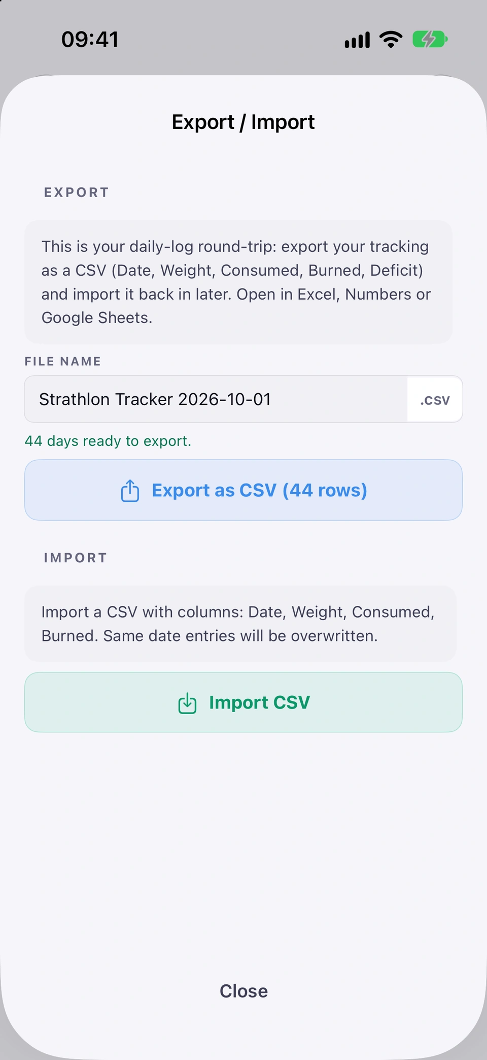 Import / Export logs (CSV): Tracker ⋯ > 'Import / Export logs'.