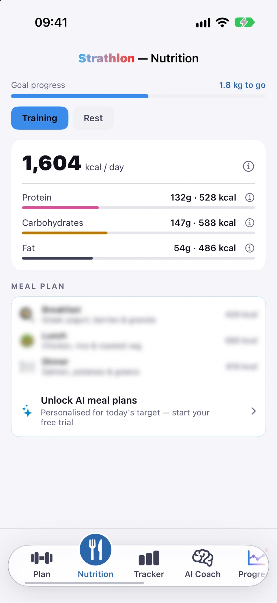 Locked meal plans for non-subscribers: MEAL PLAN blurred with 'Unlock AI meal plans'.