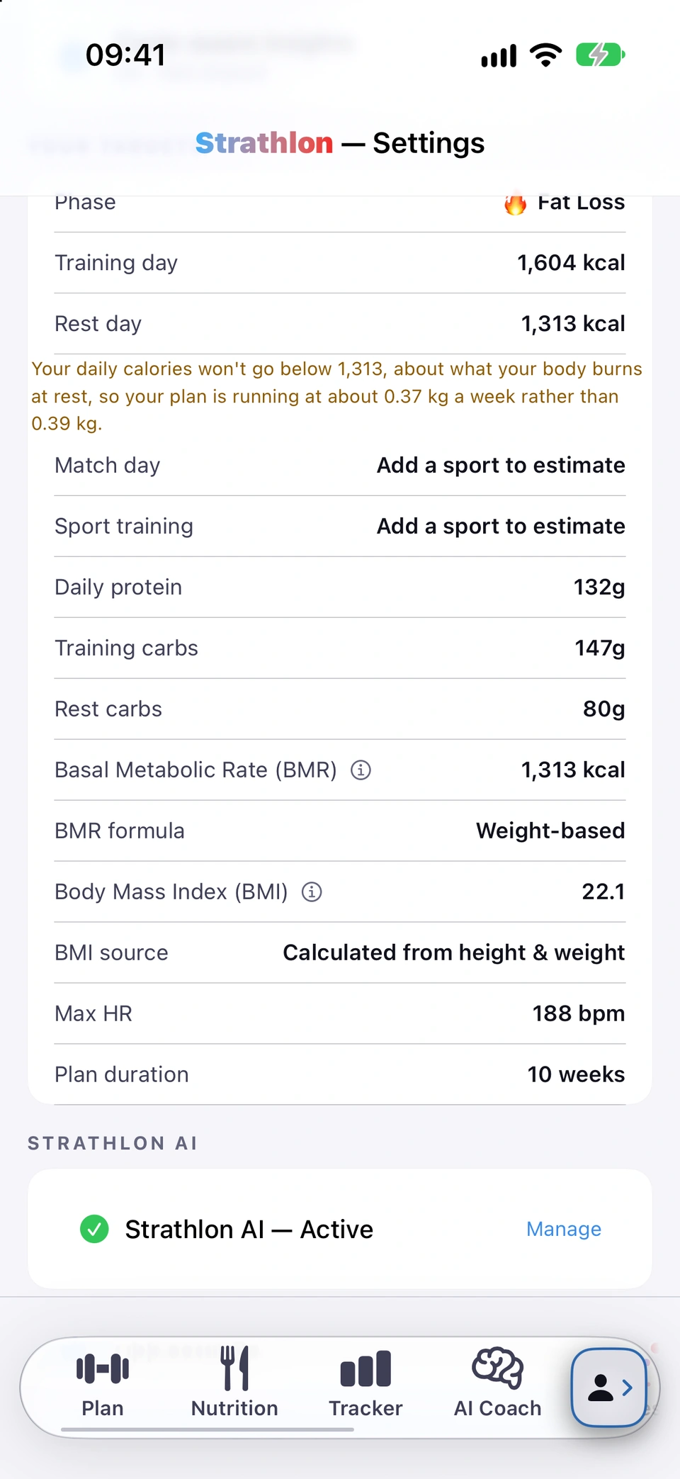 The Settings subscription status card reading Strathlon AI — Active with a green checkmark and a Manage button.