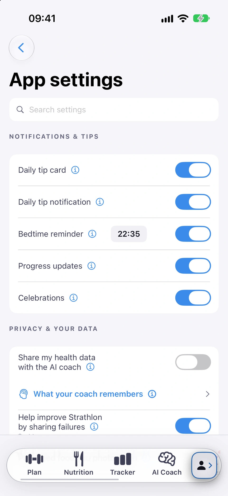 The Notifications & tips section: Daily tip card, Daily tip notification and Bedtime reminder switches, with the bedtime time shown.