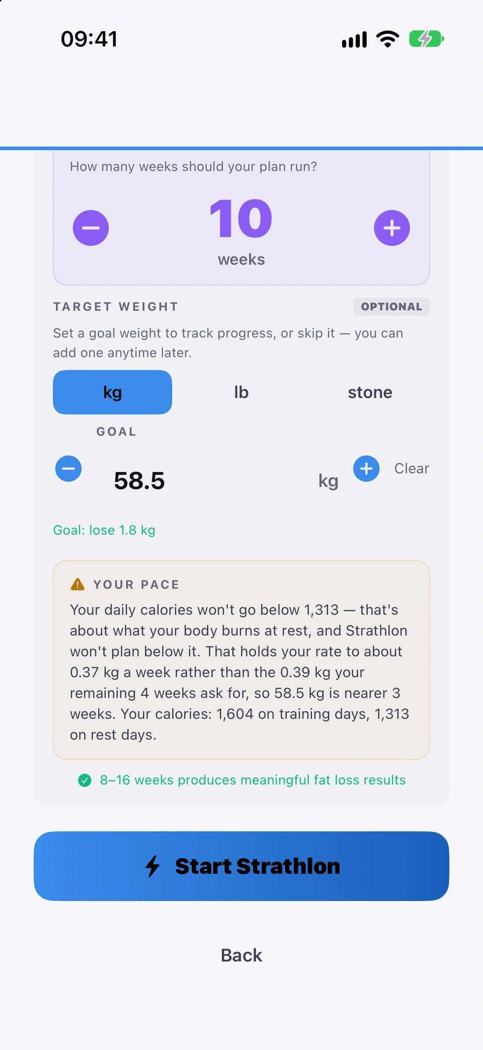 Your Plan is Ready, scrolled down: the plan-length stepper, the optional goal weight with your pace, and Start Strathlon.