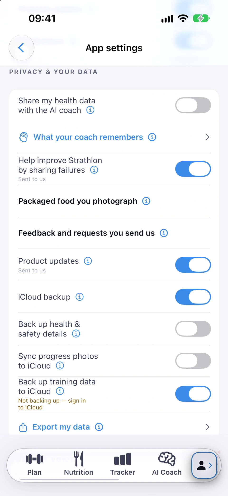 The Privacy & your data section of Settings with the Share my health data with the AI coach switch and its ℹ info button.