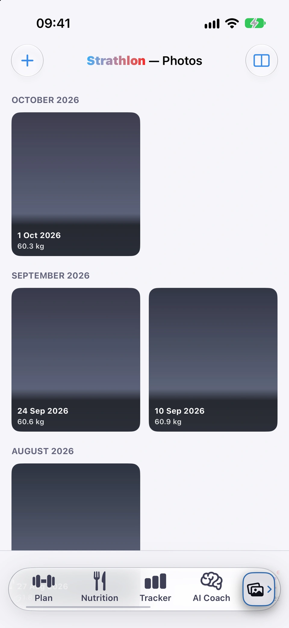 Progress photos: Photos tab grid (placeholder images).