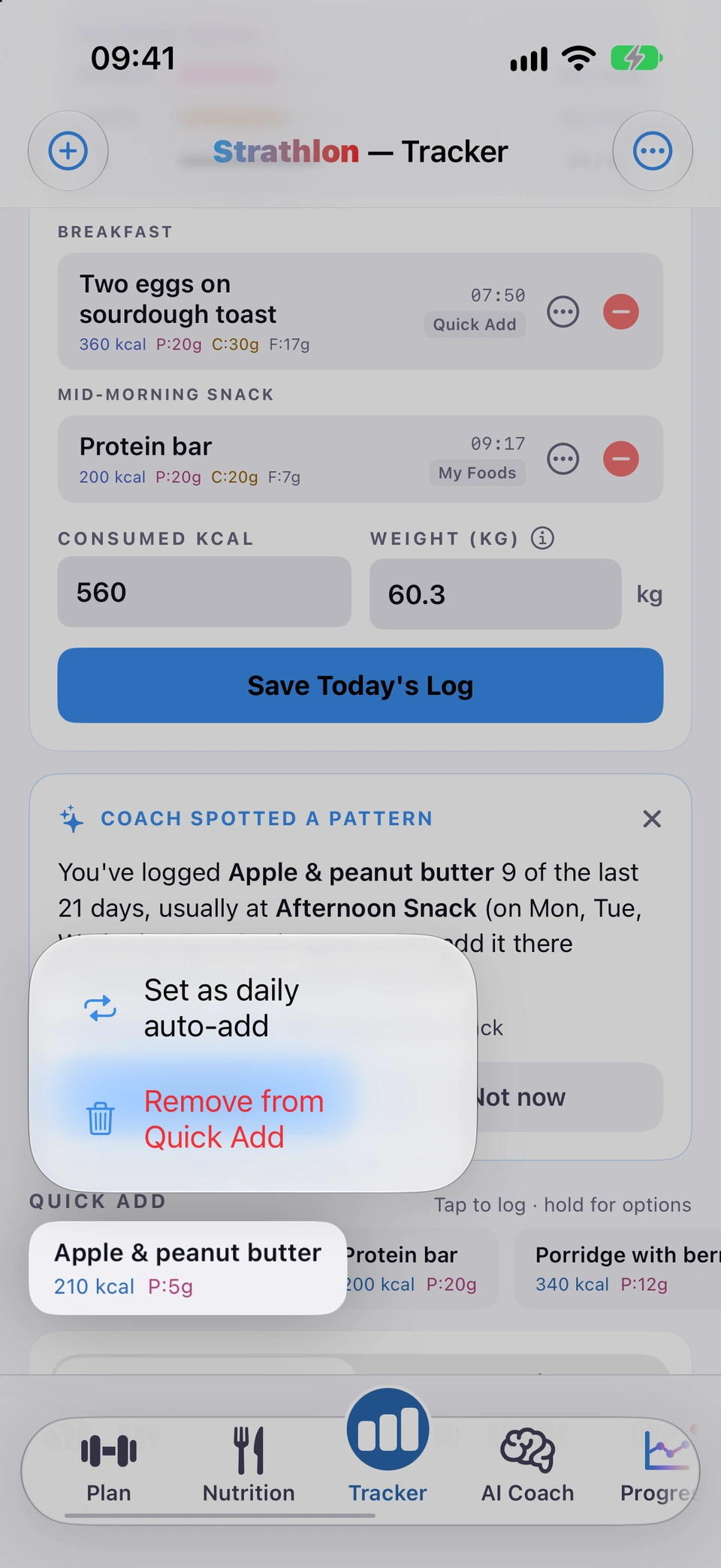 The QUICK ADD strip with a food held down, showing Set as daily auto-add and Remove from Quick Add.