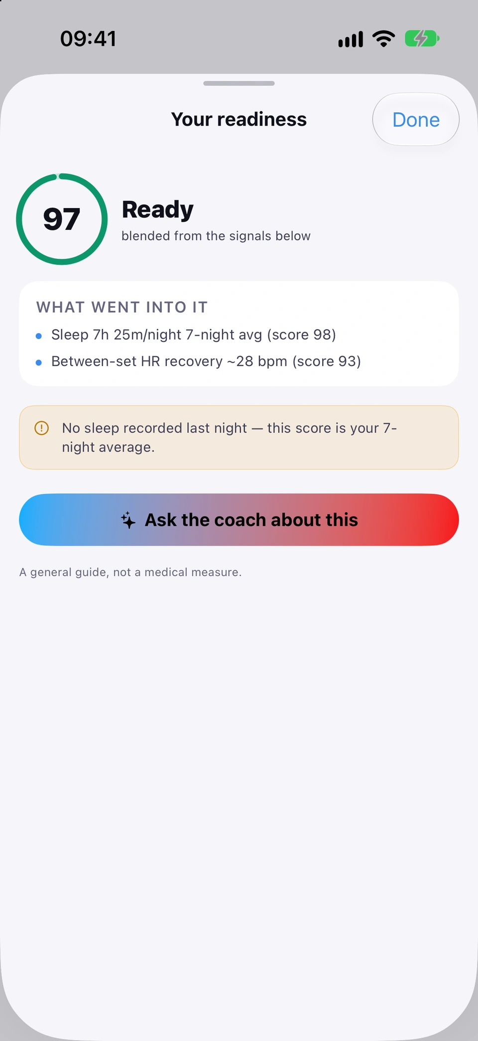 The Your readiness sheet showing a score ring, a band such as Ready, a breakdown of what went into it, and an Ask the coach about this button