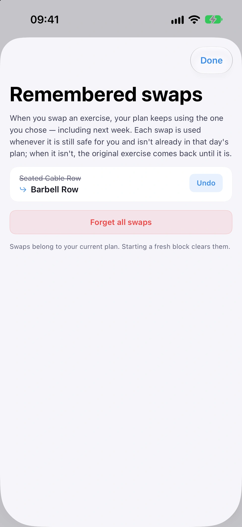 The Remembered swaps settings screen listing one swap, with its Undo button and 'Forget all swaps'.