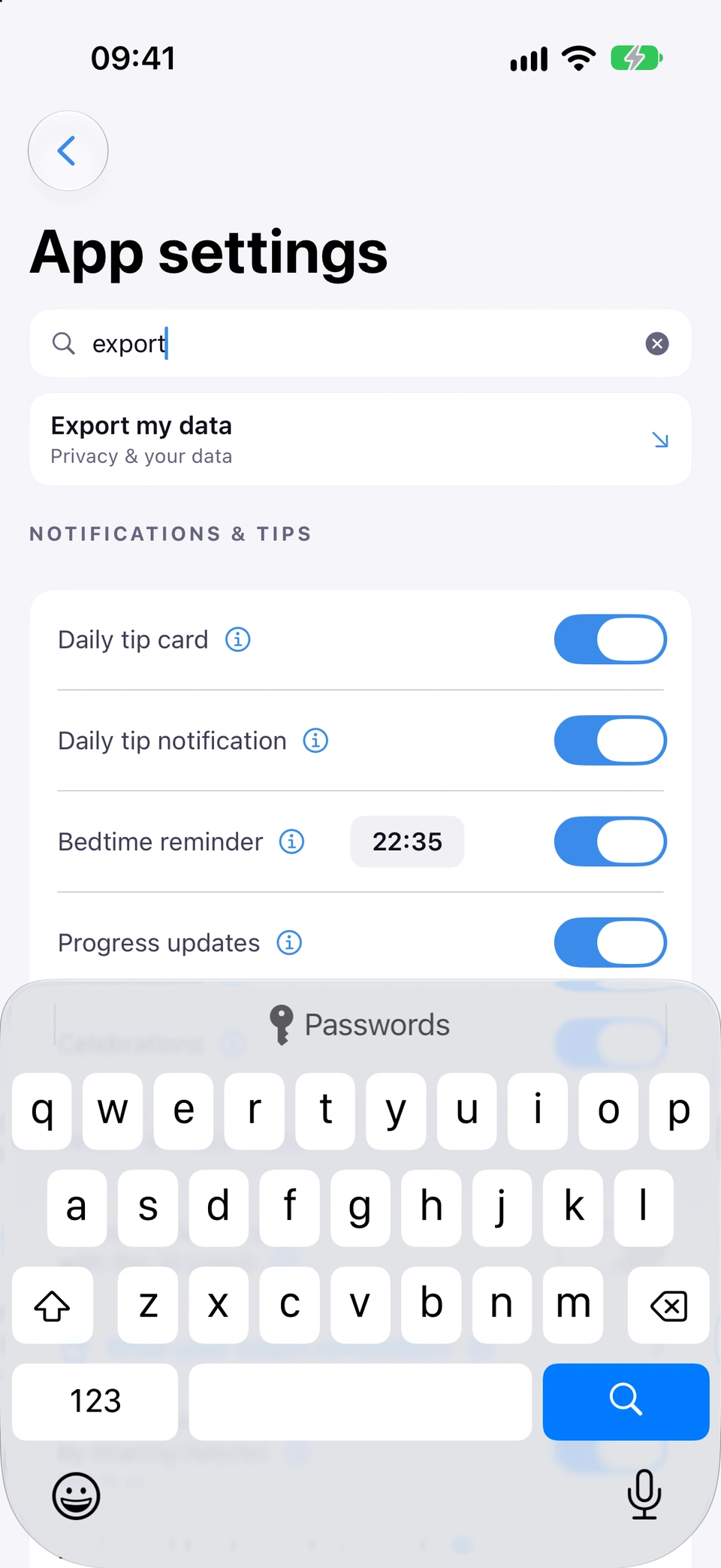 The Settings search field with “export” typed in and a matching result row beneath it.