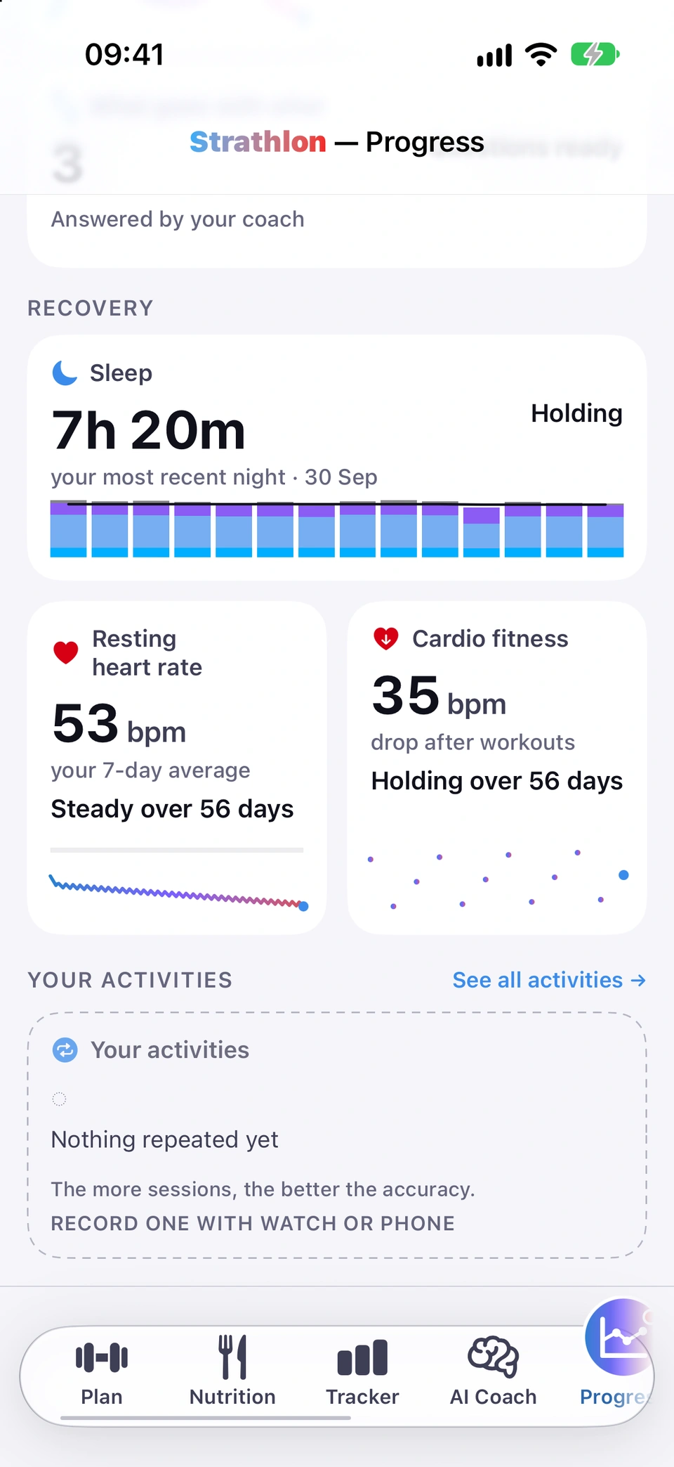 The Sleep tile showing last night's duration and a row of stage-stacked bars for recent nights