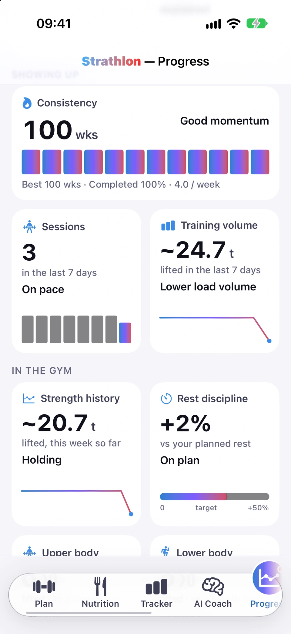 The Strength history tile with the weight lifted this week, a call such as Holding, and a small sparkline.