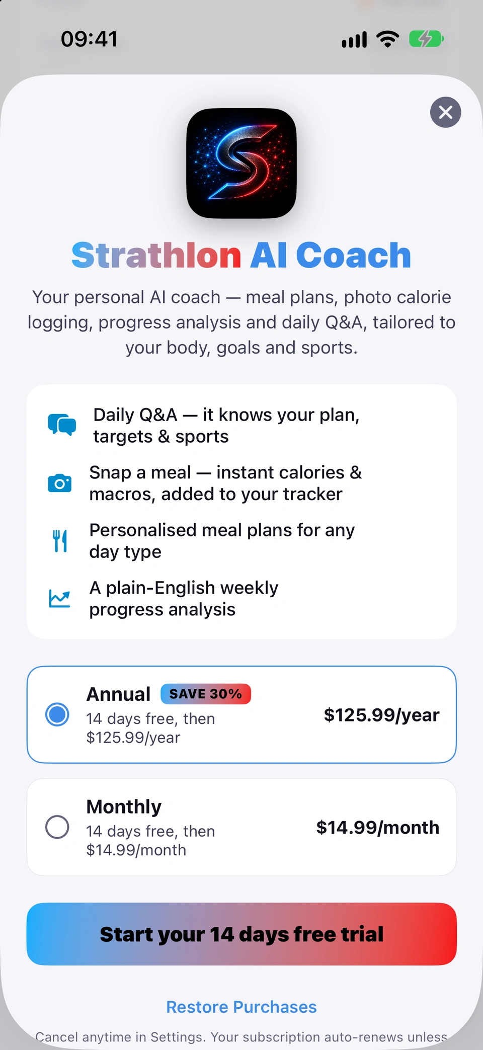 The Strathlon AI Coach upgrade screen with the feature list and monthly/annual plan cards.