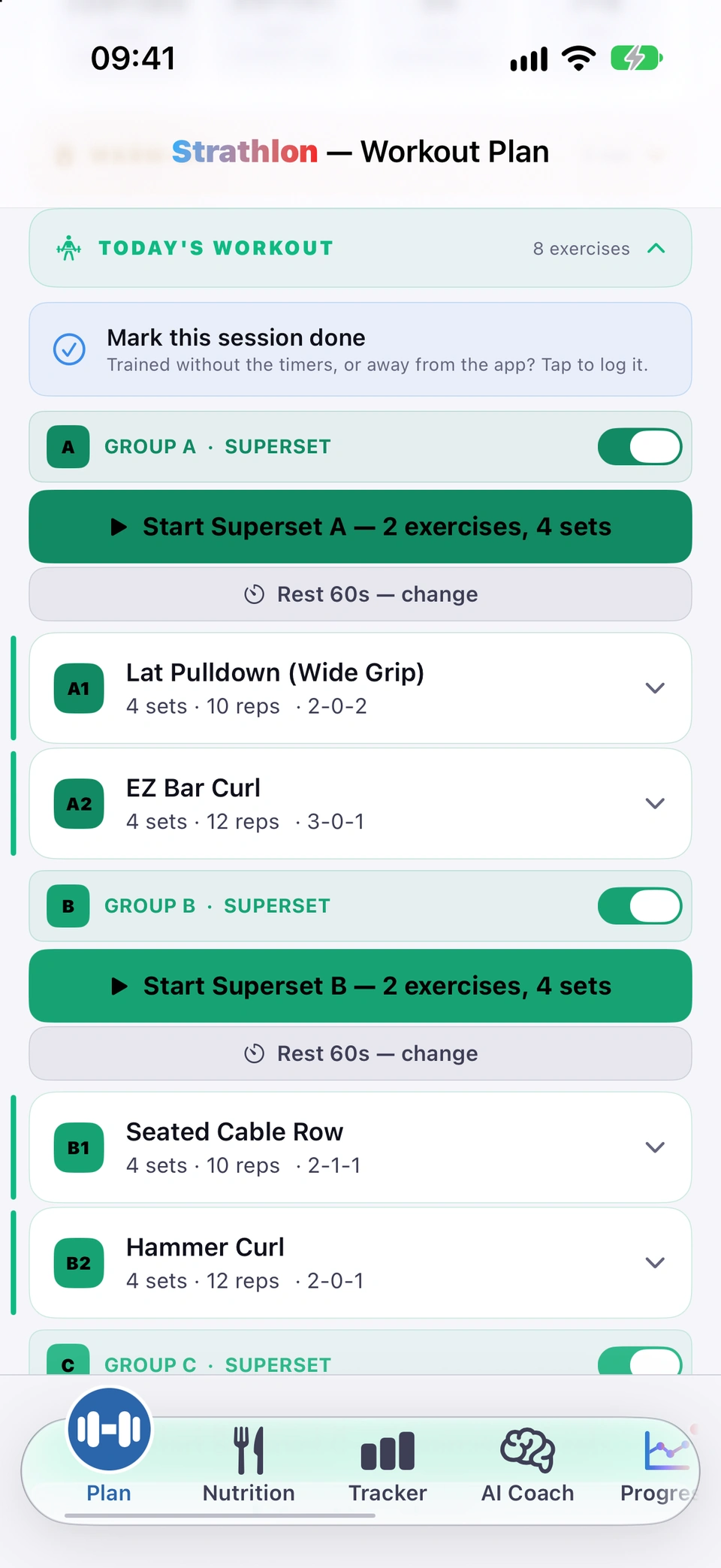 A GROUP header on today's workout with its on/off switch and, below it, the 'Start Superset A' button.