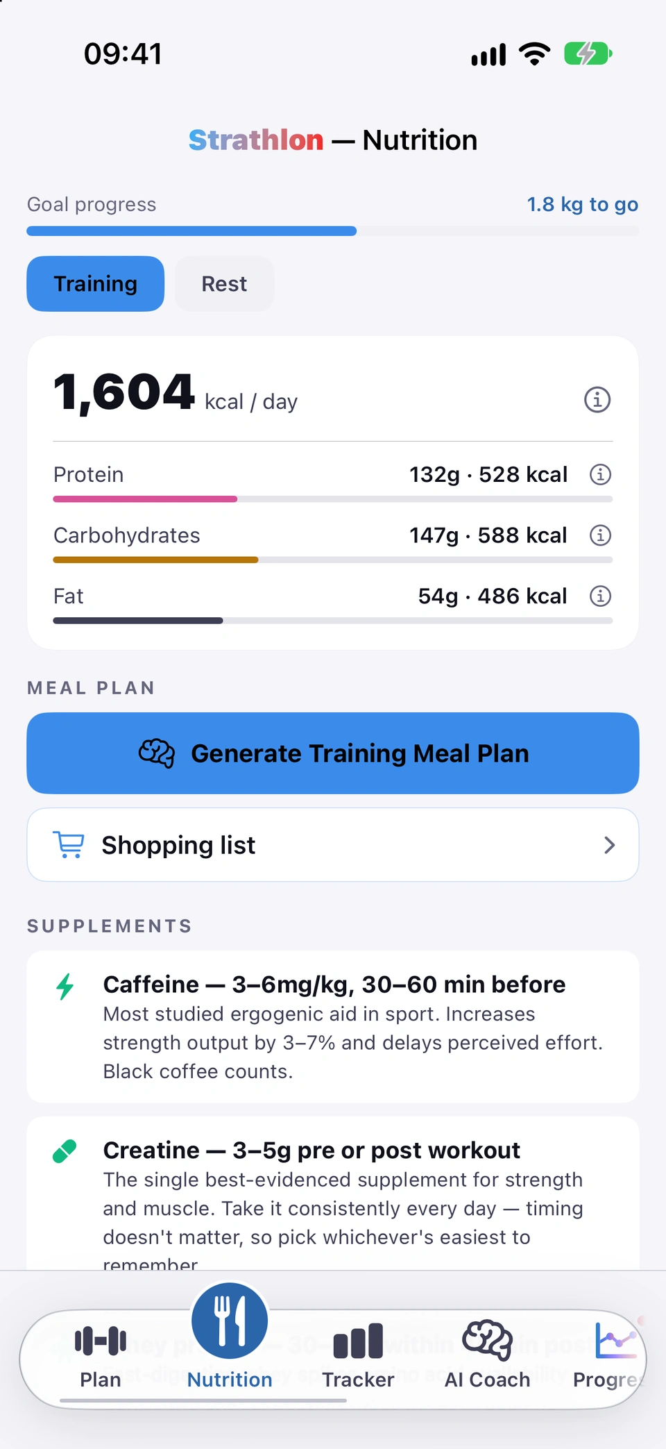The SUPPLEMENTS cards for a training day on the Nutrition tab.