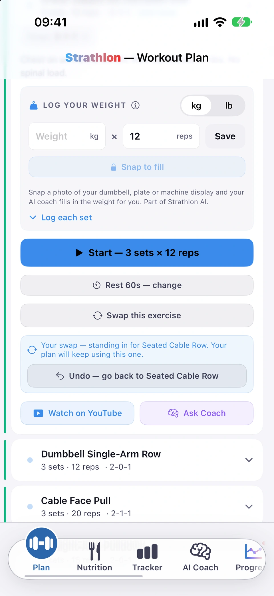 The same exercise card immediately after a swap, now showing the new exercise and the 'Undo — go back to' control.