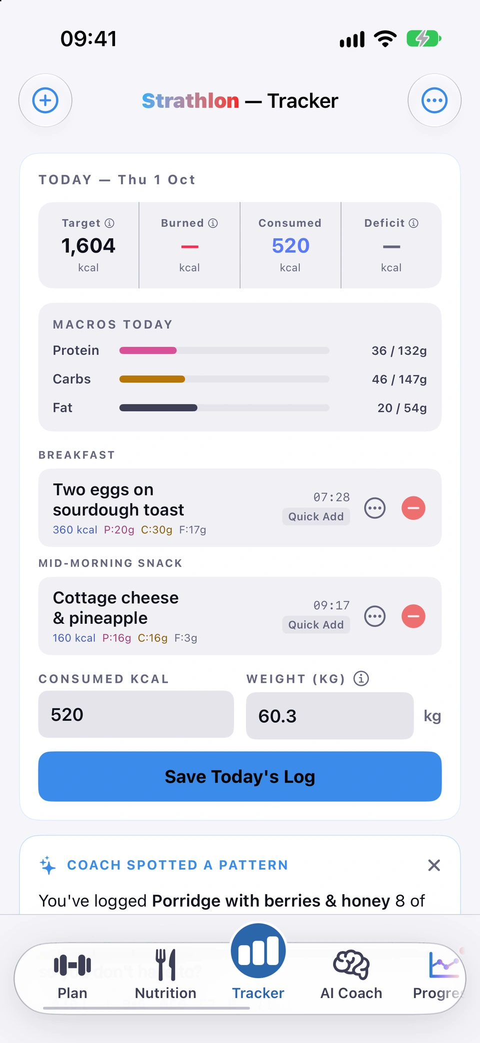 The top of the Tracker: today's Target, Burned, Consumed and Deficit tiles, the day's macros, today's food by meal, and the consumed and weight fields above Save Today's Log.