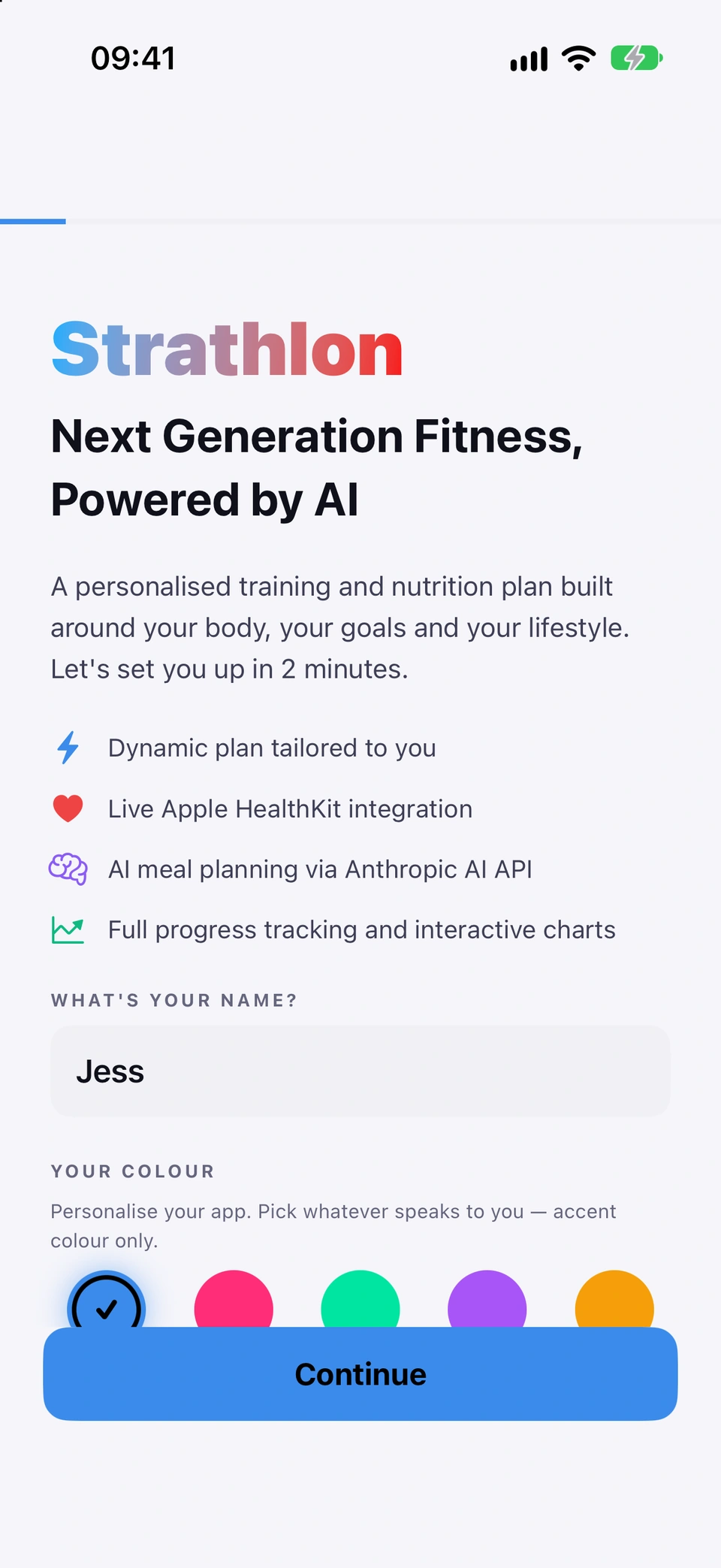 The Strathlon welcome screen: the brand header, the feature badges, the name field with 'Jess' typed in, and the accent colour picker.