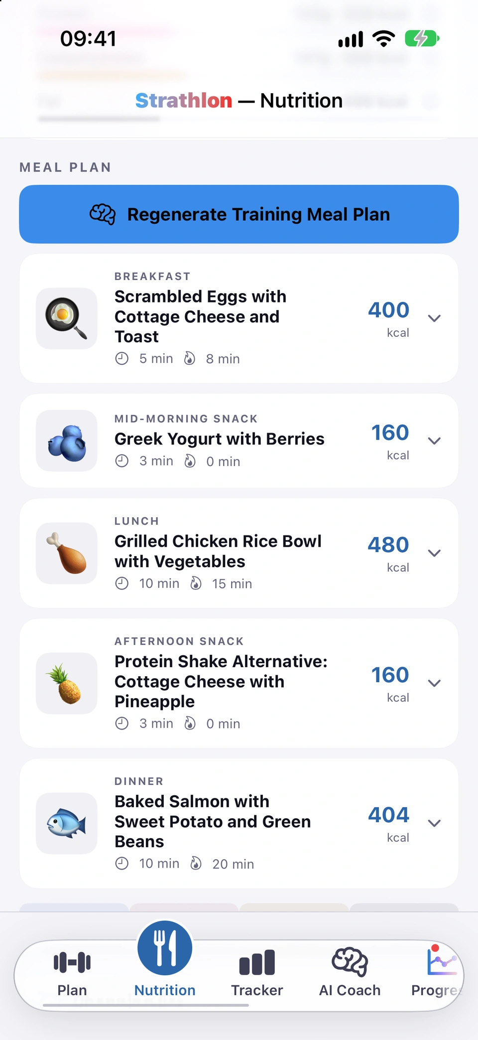 Strathlon Nutrition tab, with a meal plan: Regenerate Training Meal Plan; Breakfast, Scrambled Eggs with Cottage Cheese and Toast, 400 kcal; Mid-Morning Snack, Greek Yogurt with Berries, 160 kcal; Lunch, Grilled Chicken Rice Bowl with Vegetables, 480 kcal; Afternoon Snack, Protein Shake Alternative: Cottage Cheese with Pineapple, 160 kcal; Dinner, Baked Salmon with Sweet Potato and Green Beans, 404 kcal.