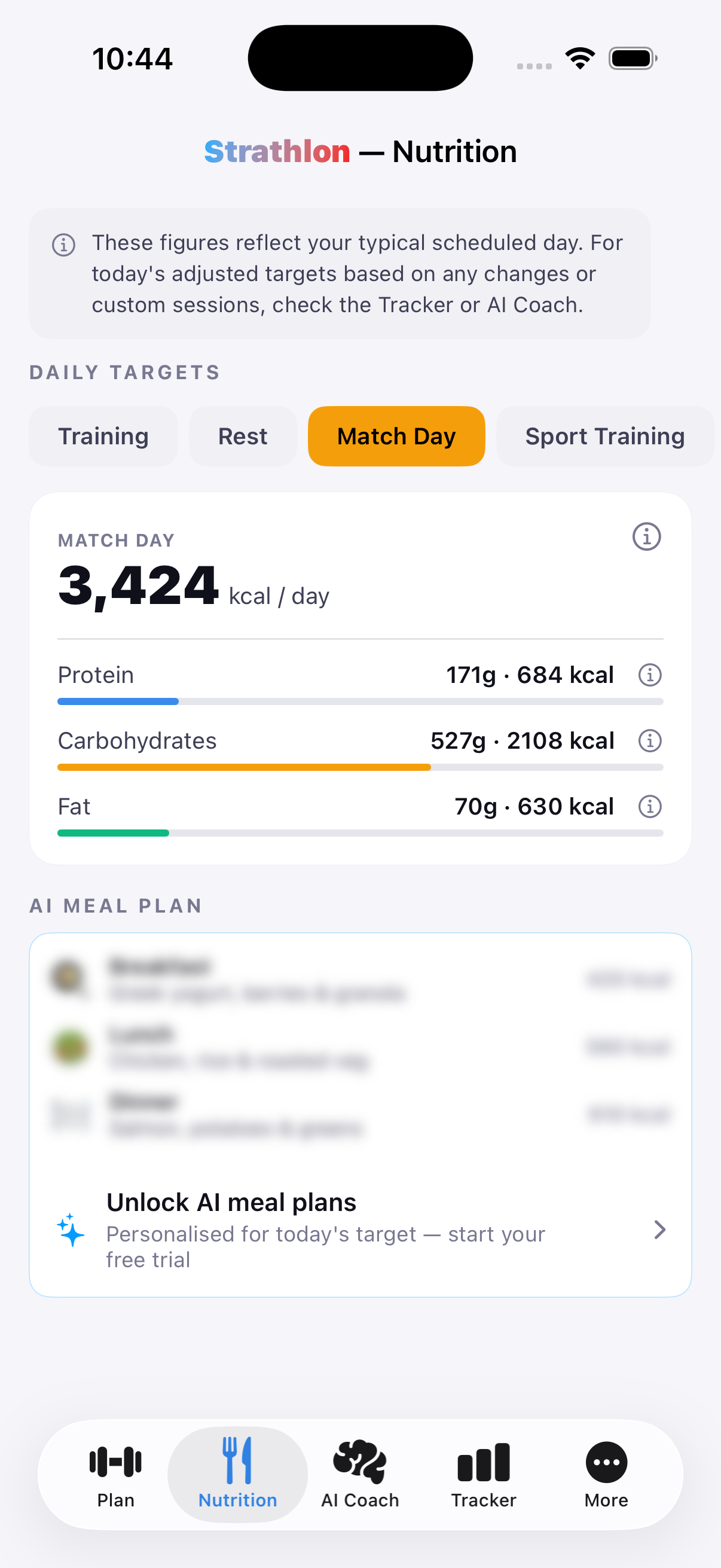 Strathlon's Nutrition tab showing boxing match-day calorie and macro targets.