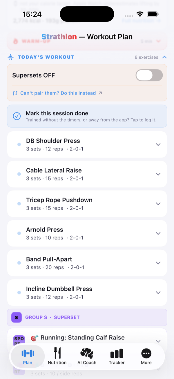 Strathlon sport-day view showing sport-aware tips and the day's targets after a training session is planned