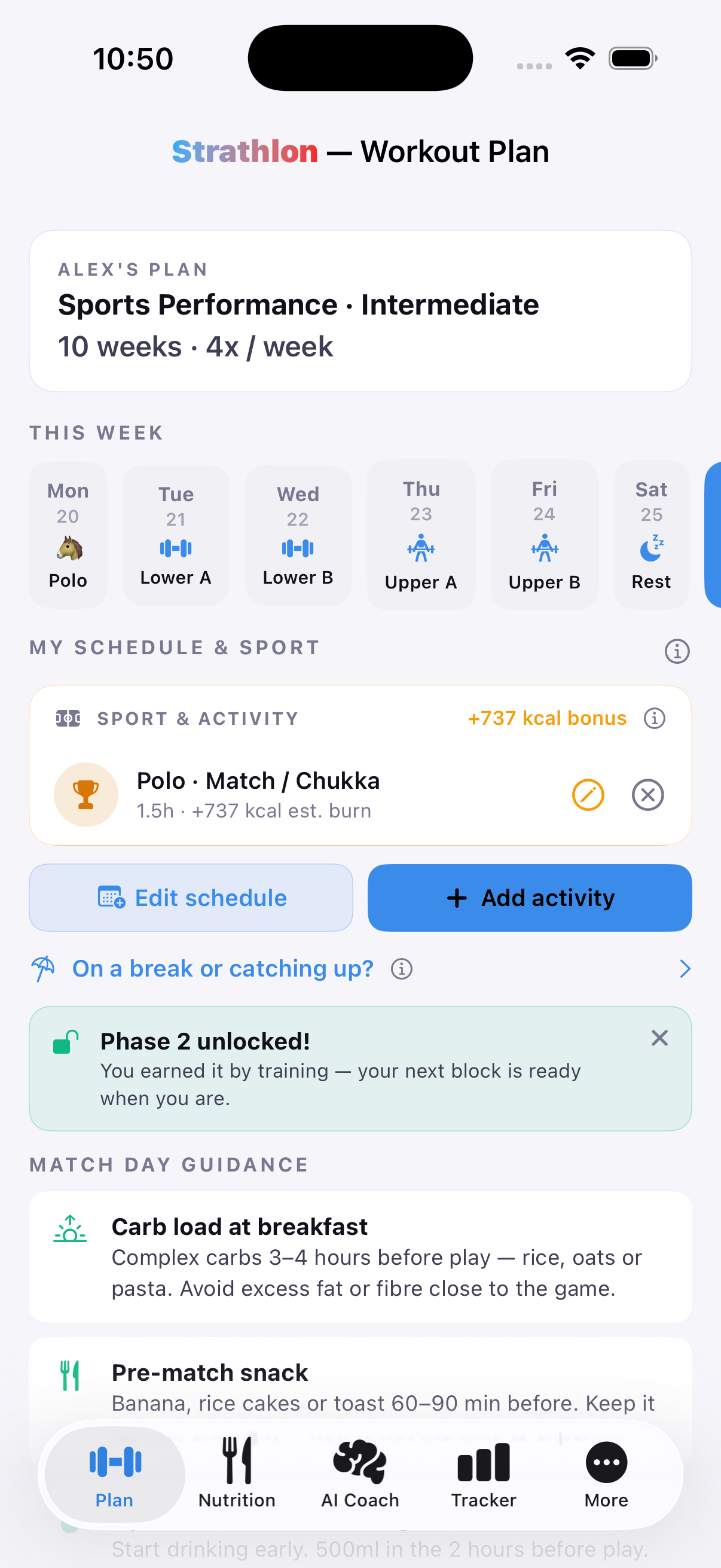 Strathlon's Plan tab with a polo session scheduled alongside the week's strength training