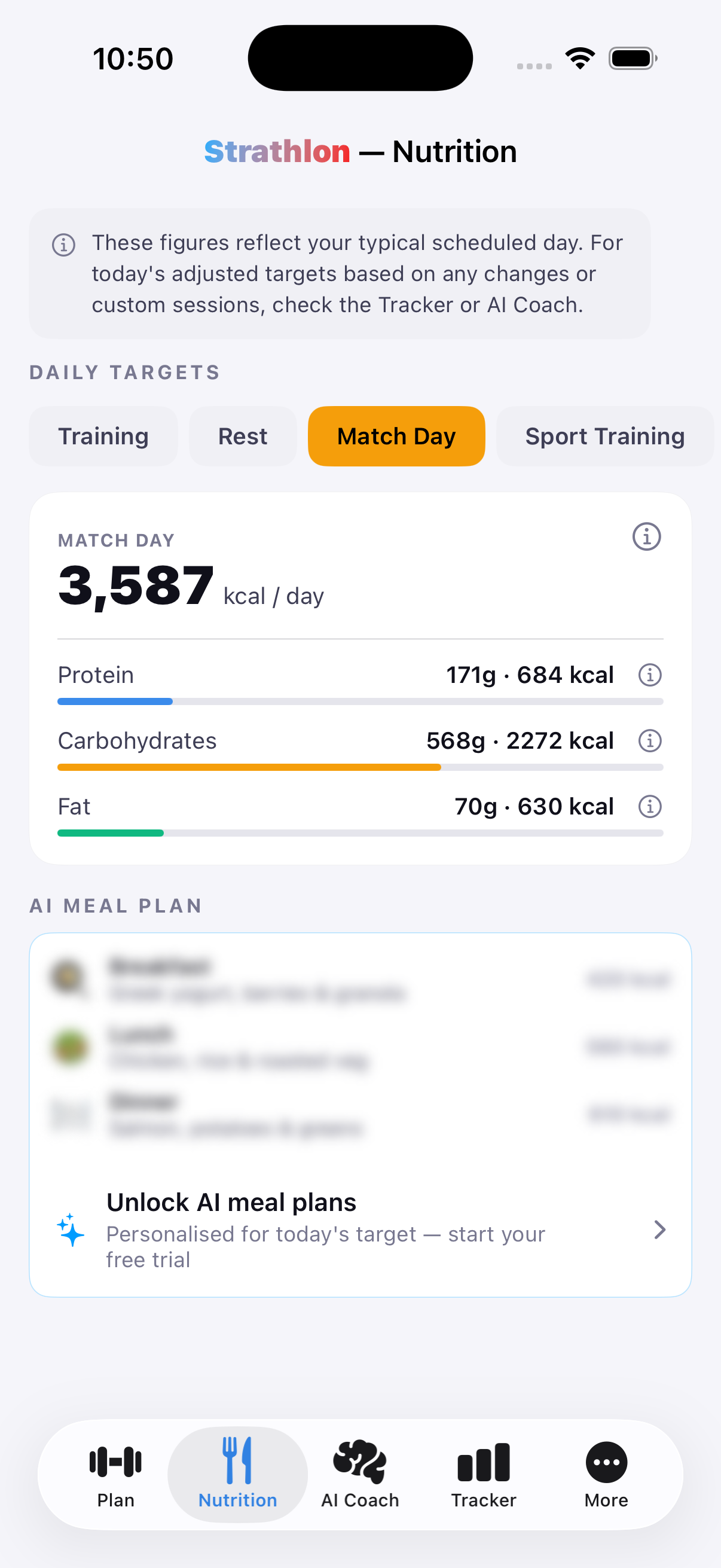 Strathlon's Nutrition tab showing rowing day calorie and macro targets