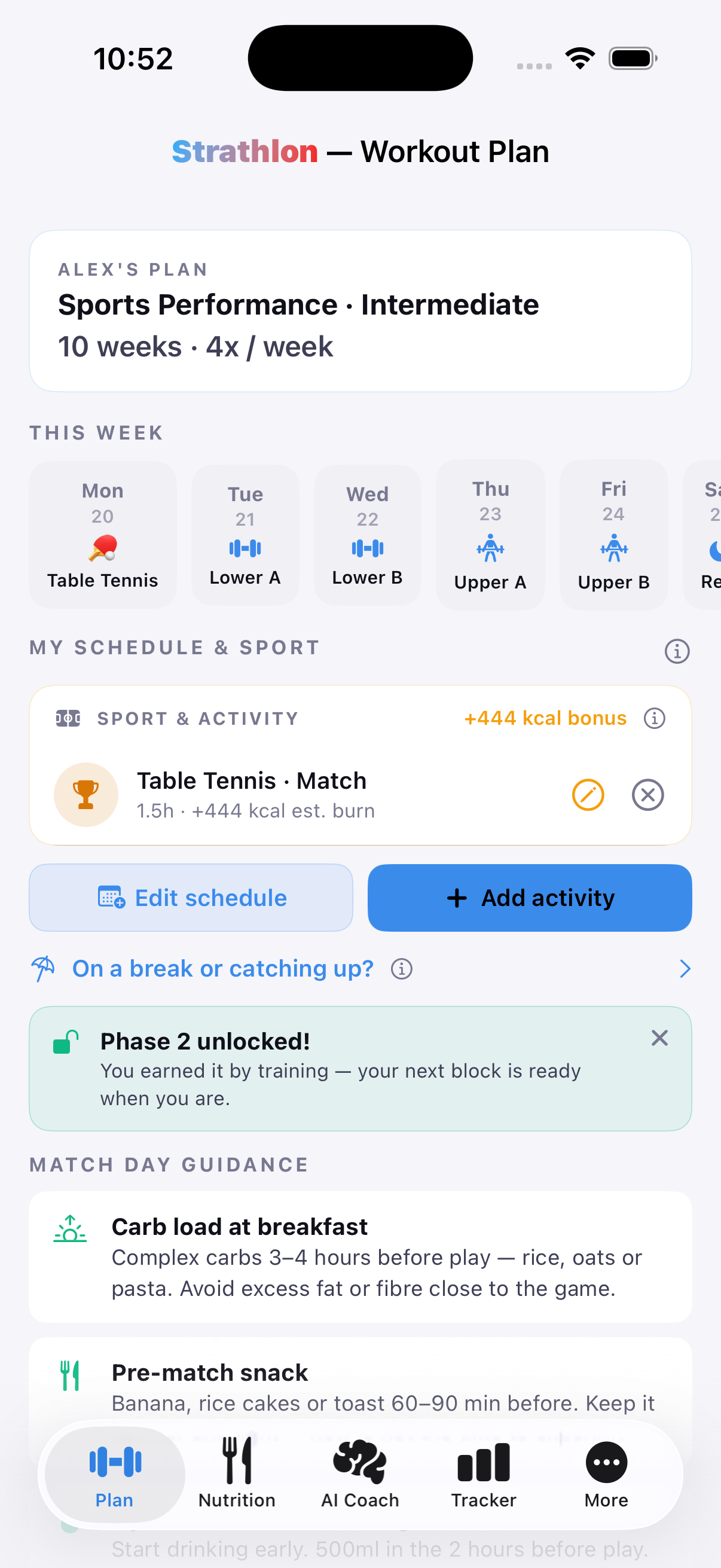 Strathlon's Plan tab with a table tennis session scheduled alongside the week's gym training days
