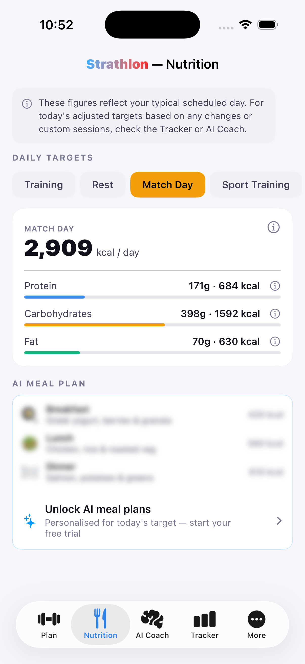 Strathlon's Nutrition tab showing match-day calorie and macro targets for tennis