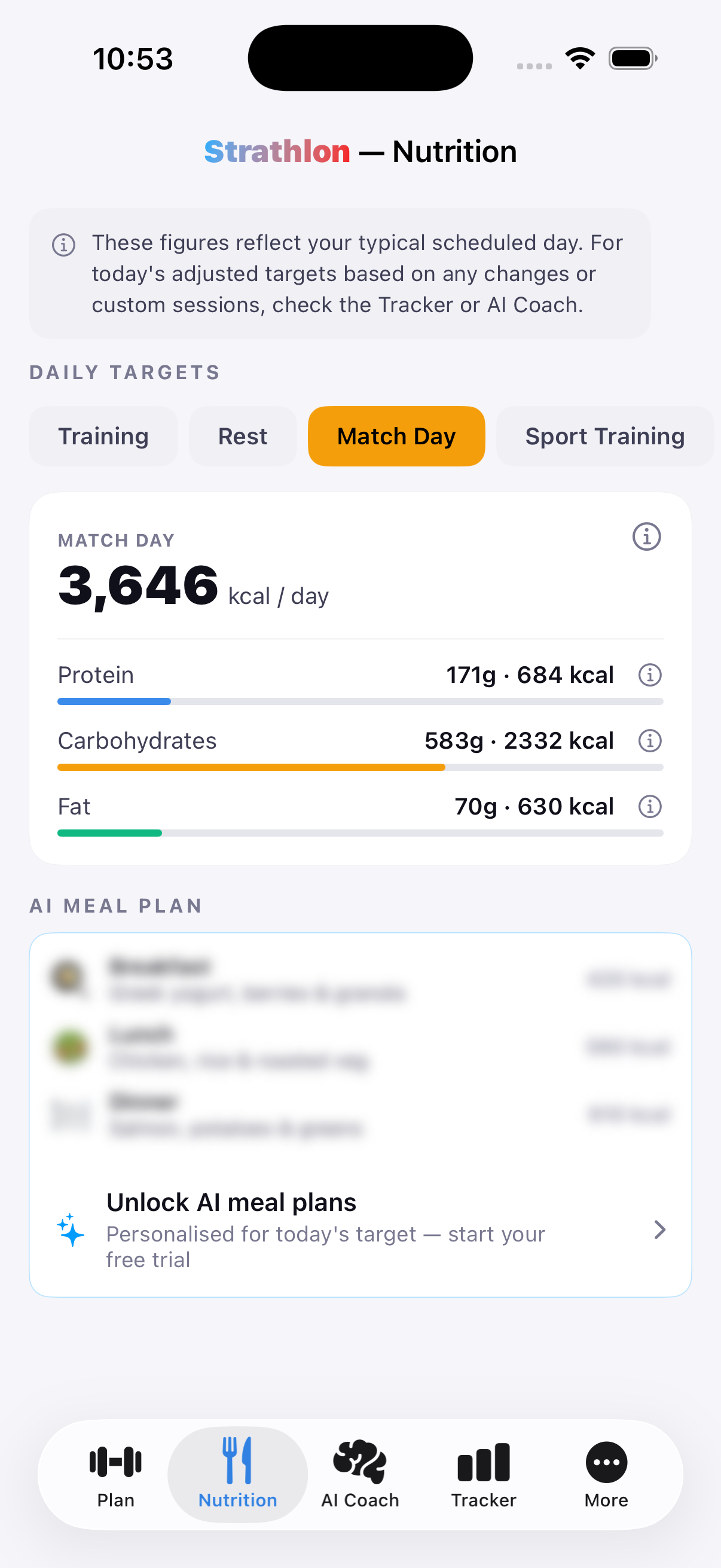 Strathlon's Nutrition tab showing Triathlon match-day calorie and macro targets