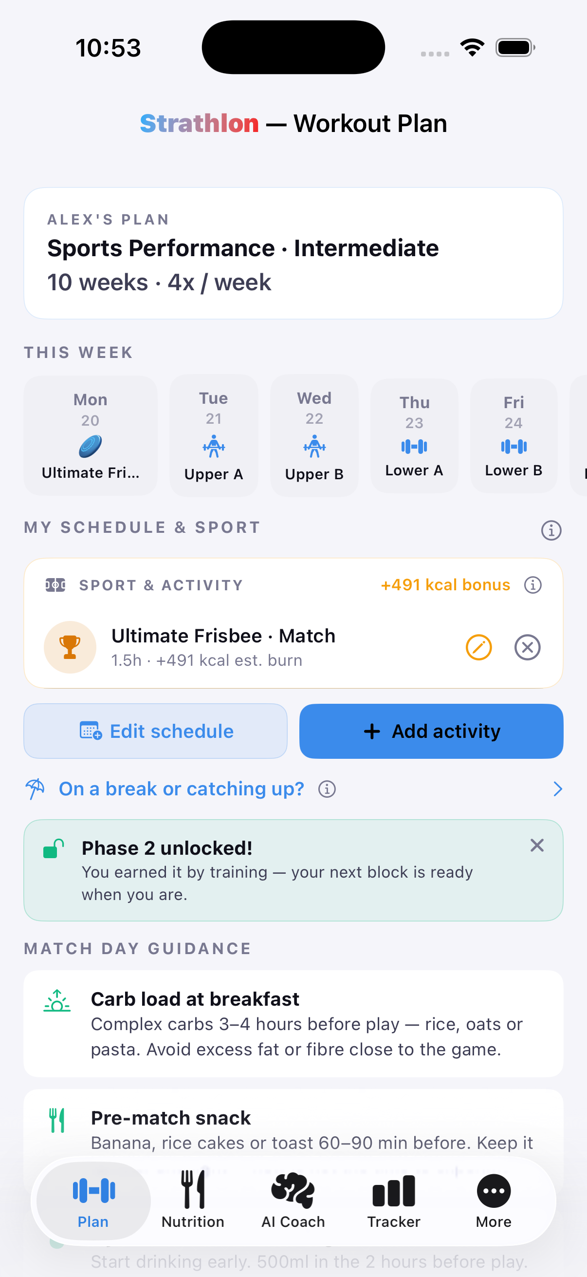 Strathlon's Plan tab with an Ultimate Frisbee match in this week's schedule alongside the Upper/Lower gym days