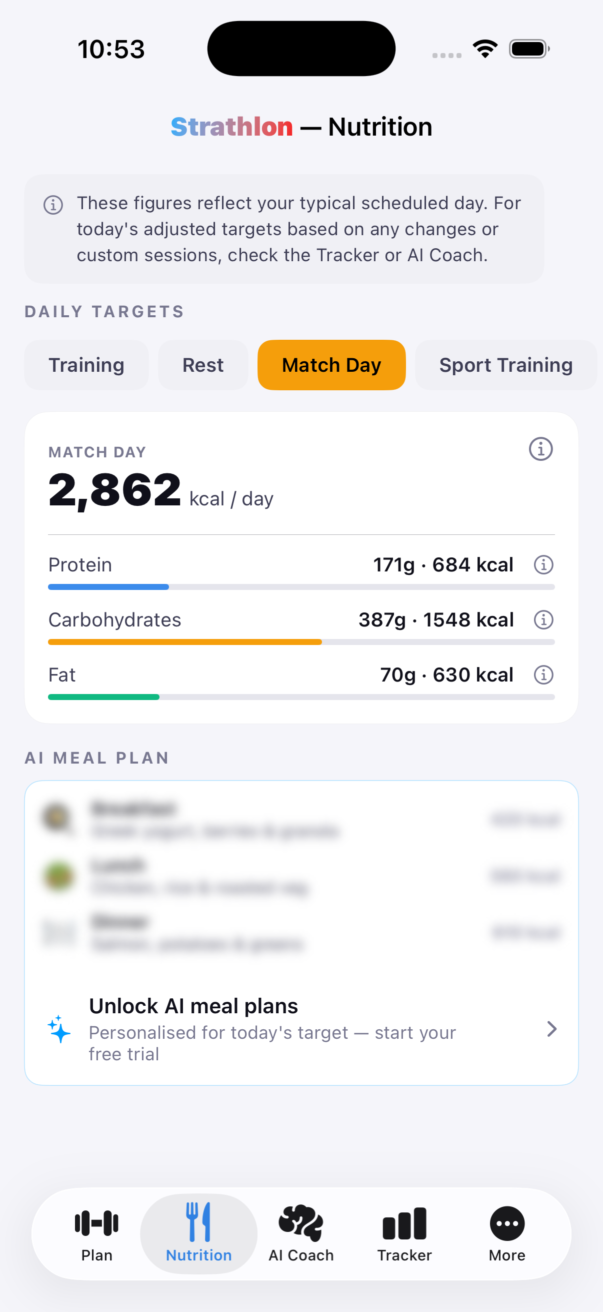 Strathlon's Nutrition tab showing Ultimate Frisbee match-day calorie and macro targets