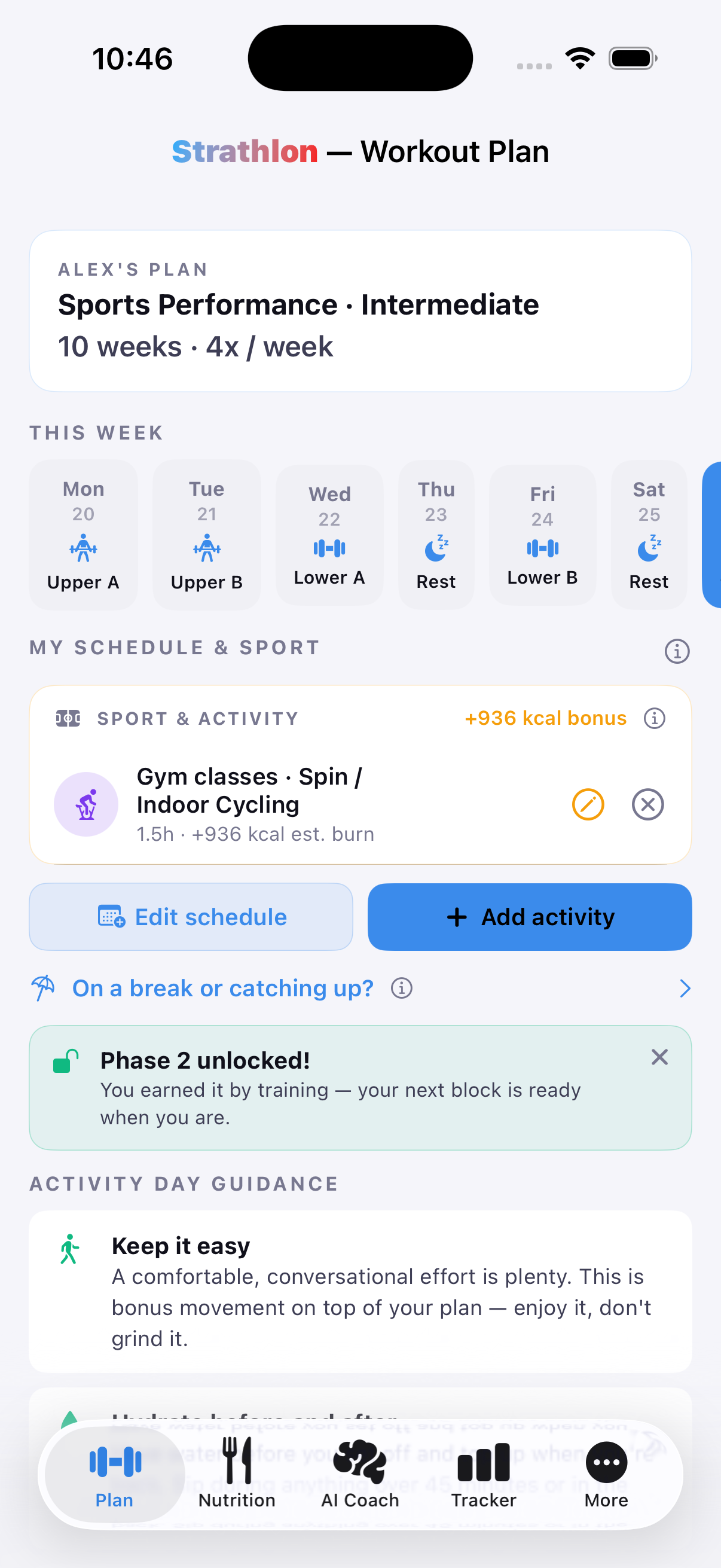 Strathlon's Plan tab showing a gym class scheduled for the day, with its estimated calorie burn