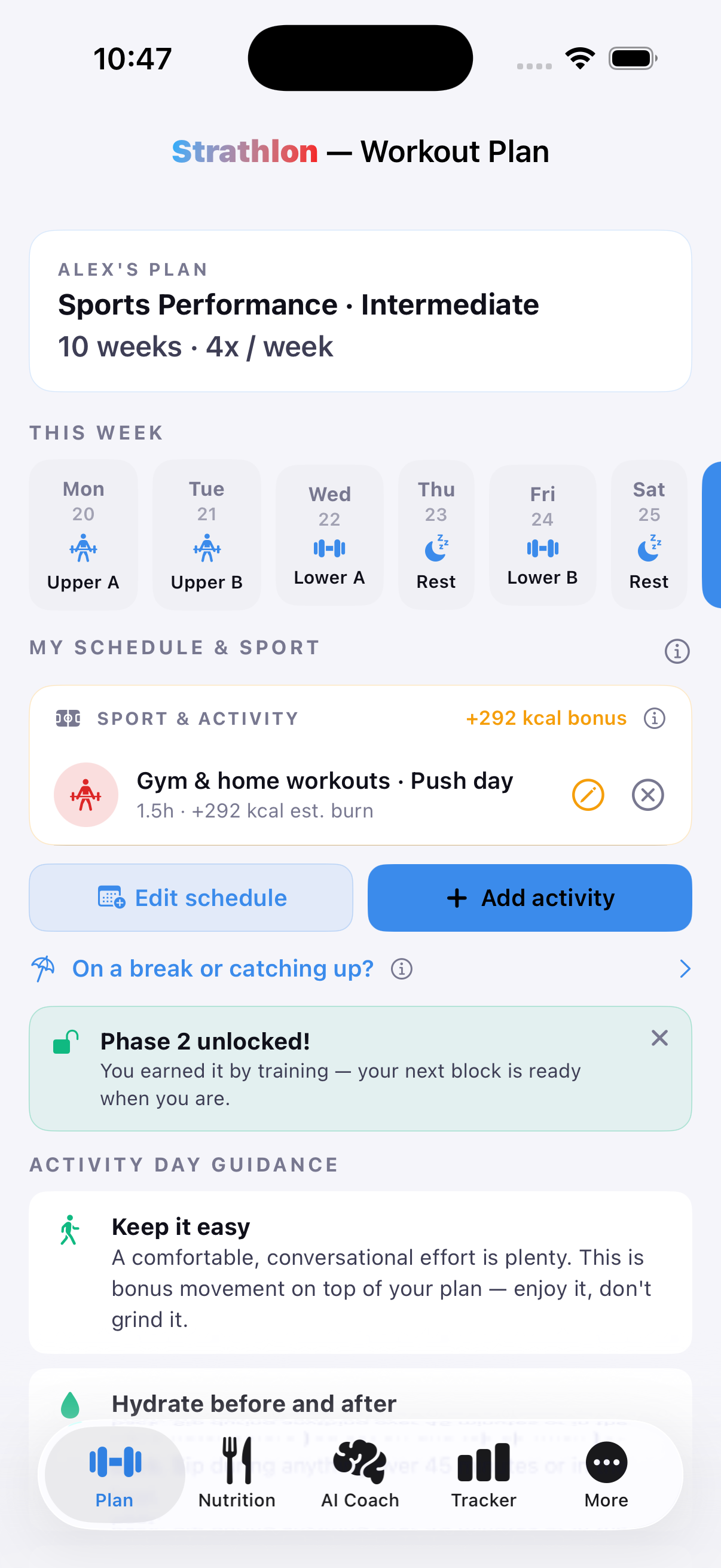 Strathlon's Plan tab showing a gym workout scheduled for the day, with its estimated calorie burn