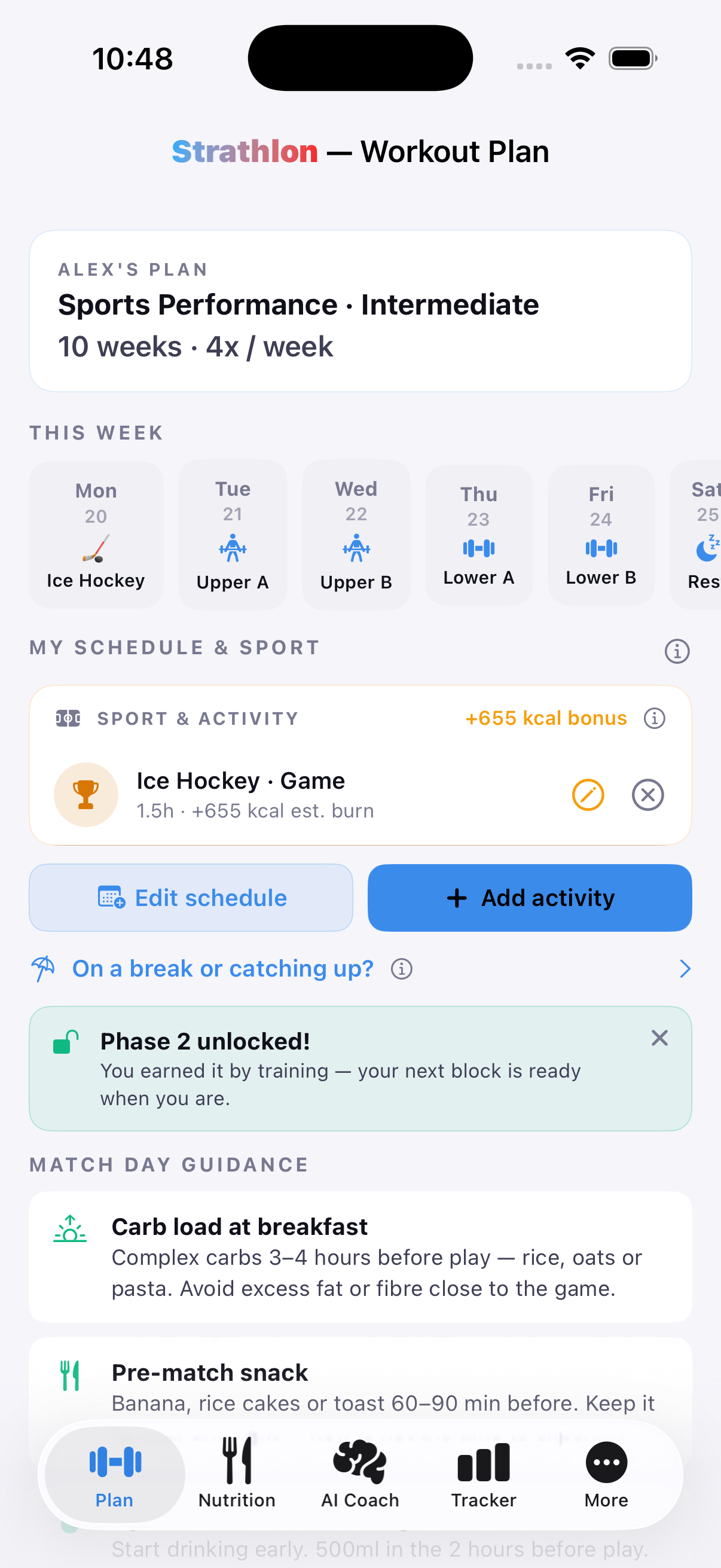 Strathlon's Plan tab showing an ice hockey session scheduled for the day, with its estimated calorie burn