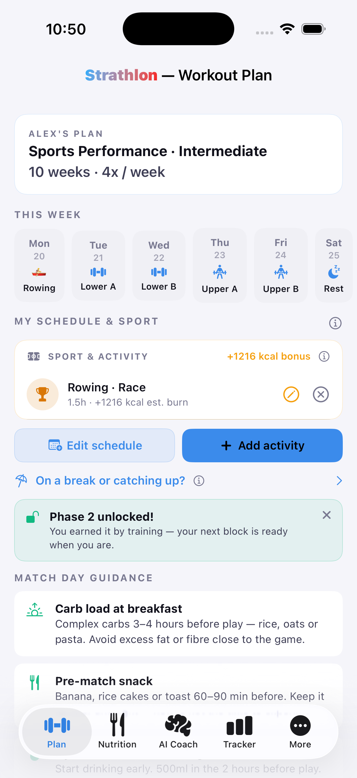 Strathlon's Plan tab with a rowing session scheduled, showing its estimated calorie burn for the day