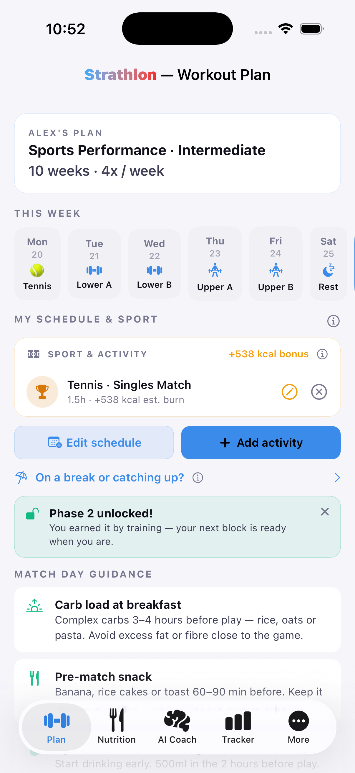 Strathlon's Plan tab with a tennis session scheduled, showing its estimated calorie burn for the day