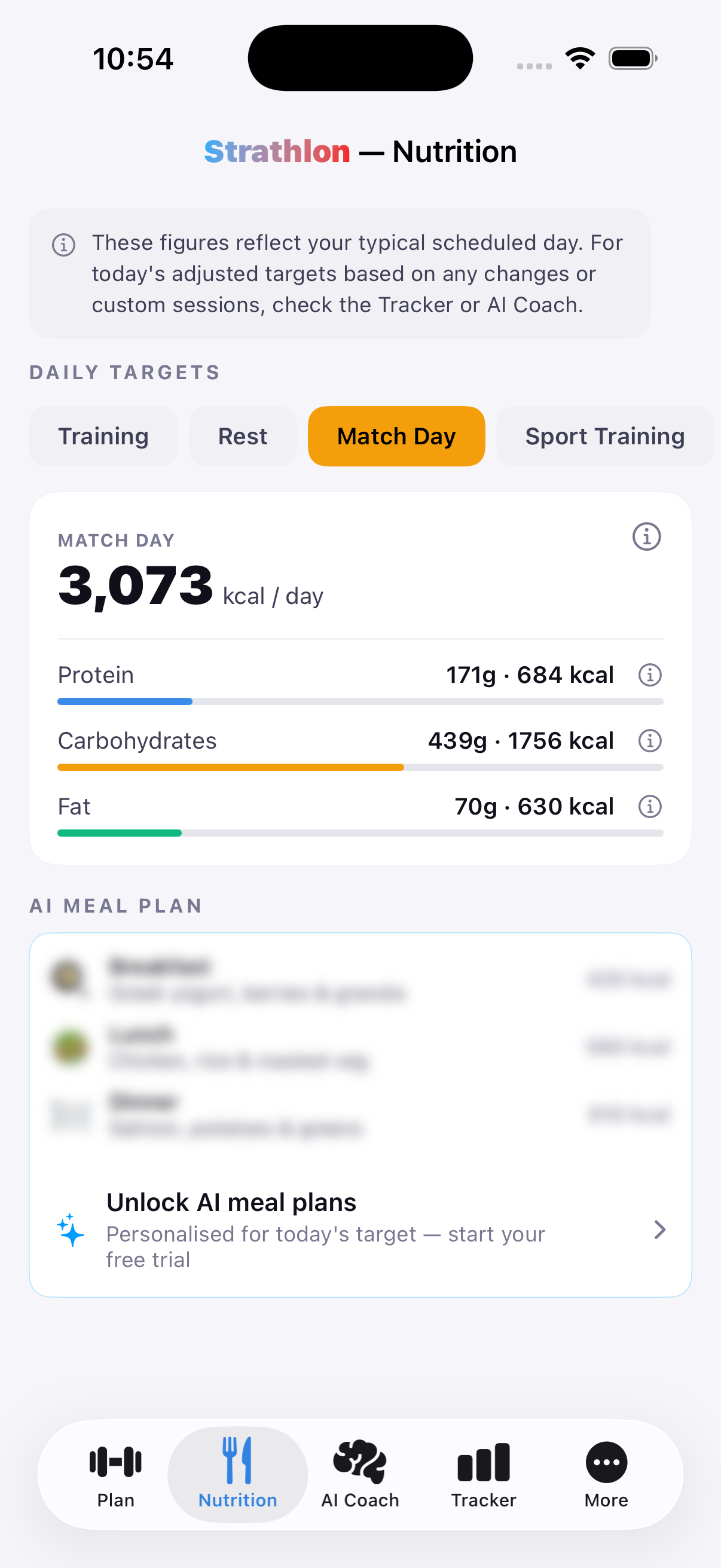 Strathlon's Nutrition tab showing Water Polo match-day calorie and macro targets