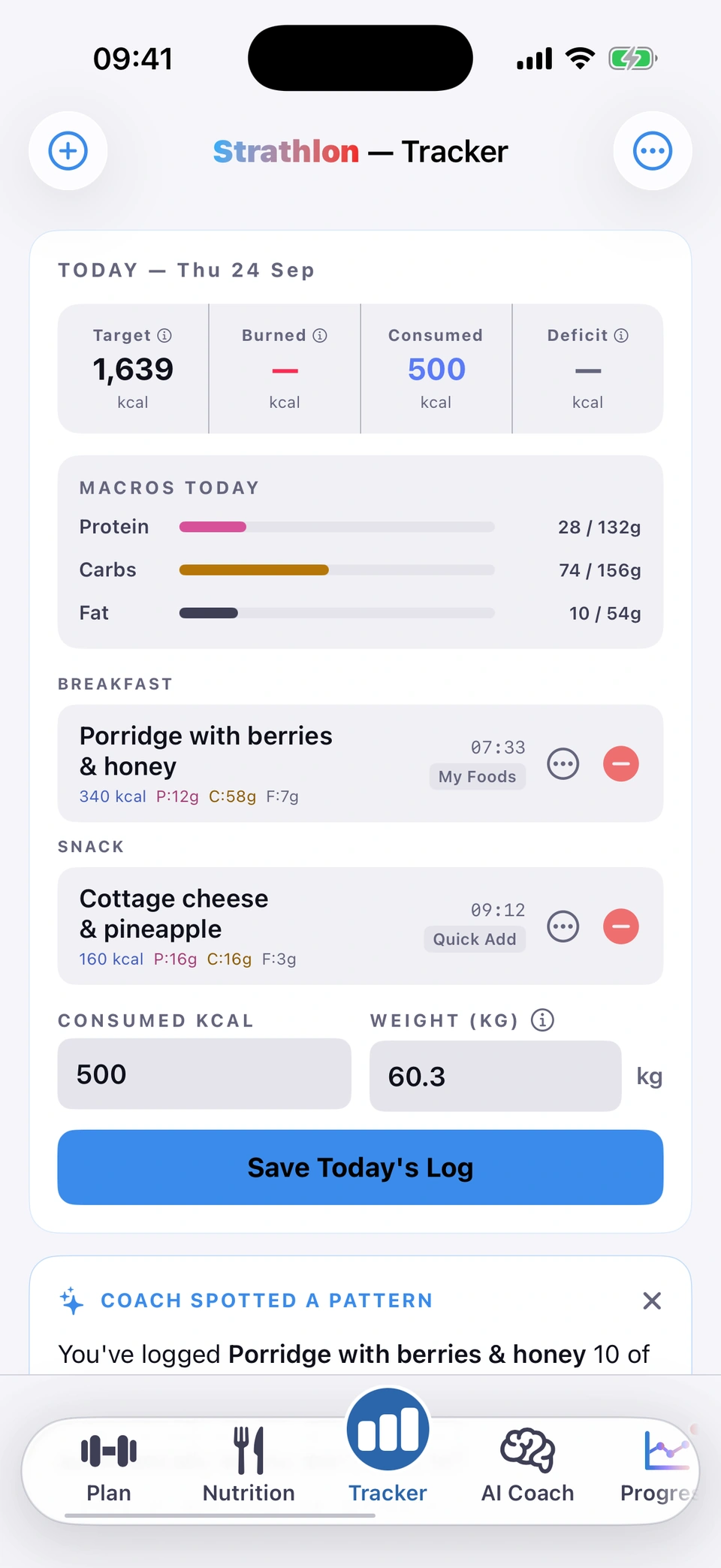 Strathlon Tracker, today: Target 1,639 kcal, Consumed 500 kcal; Macros today with protein 28 of 132 g, carbs 74 of 156 g, fat 10 of 54 g; Breakfast porridge with berries and honey from My Foods, Snack cottage cheese and pineapple from Quick Add; Save Today's Log.