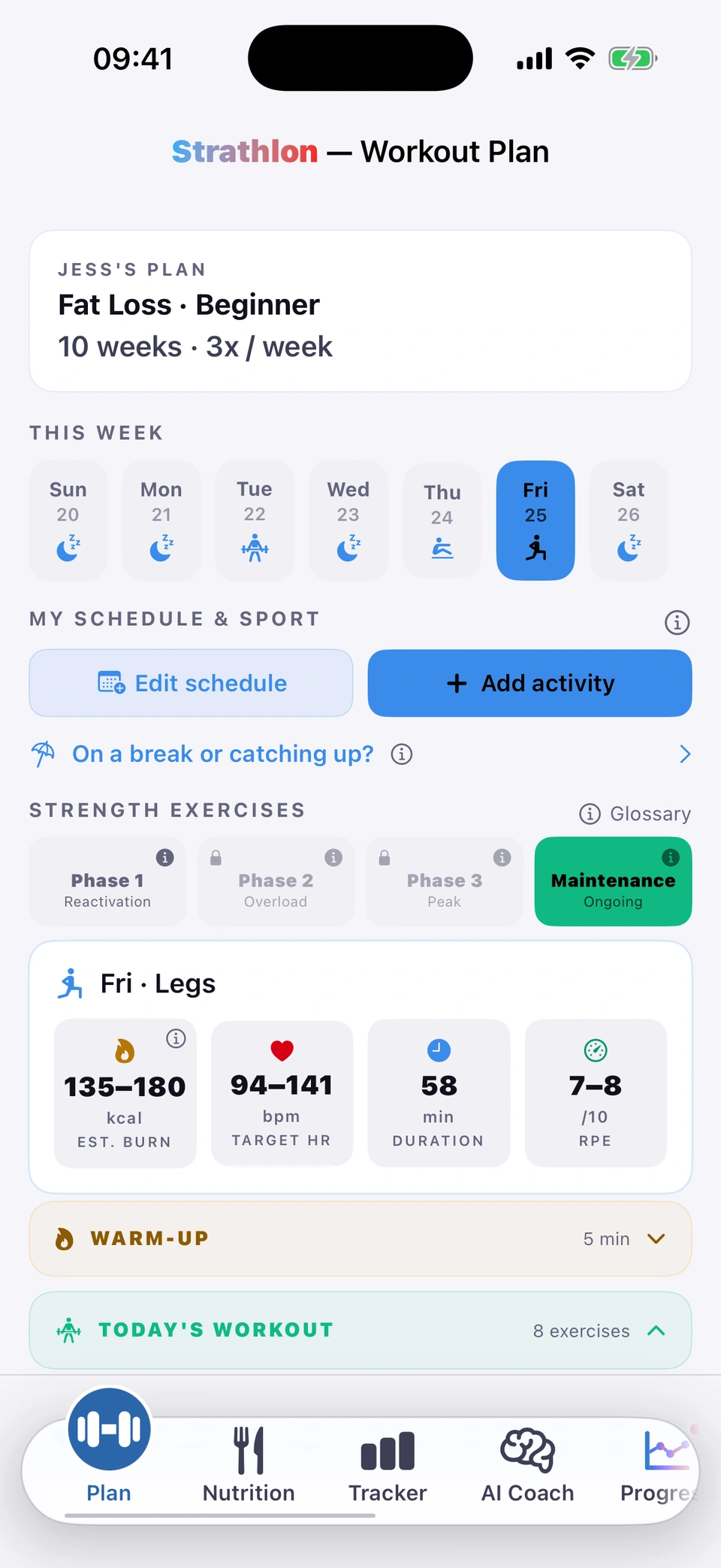 Strathlon Plan tab in the Maintenance phase, scrolled from top to bottom: Jess's plan with the Maintenance phase selected; Friday's Legs session, estimated burn 135 to 180 kcal, 58 minutes, RPE 7 to 8; Barbell Hip Thrust 4 sets of 8, Romanian Deadlift 3 sets of 8, Seated Leg Curl, Dumbbell Walking Lunge, Leg Press and Front Squat 4 sets of 5 to 6; a core finisher; and a Maintenance HIIT finisher, 30 seconds work and 30 seconds rest for 6 rounds.