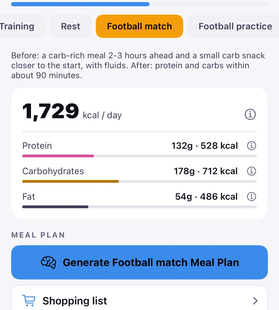 The Nutrition tab, Football match selected: a carb-rich meal 2 to 3 hours ahead; 1,729 kcal a day, protein 132 g, carbohydrates 178 g, fat 54 g; Generate Football match Meal Plan; Shopping list.